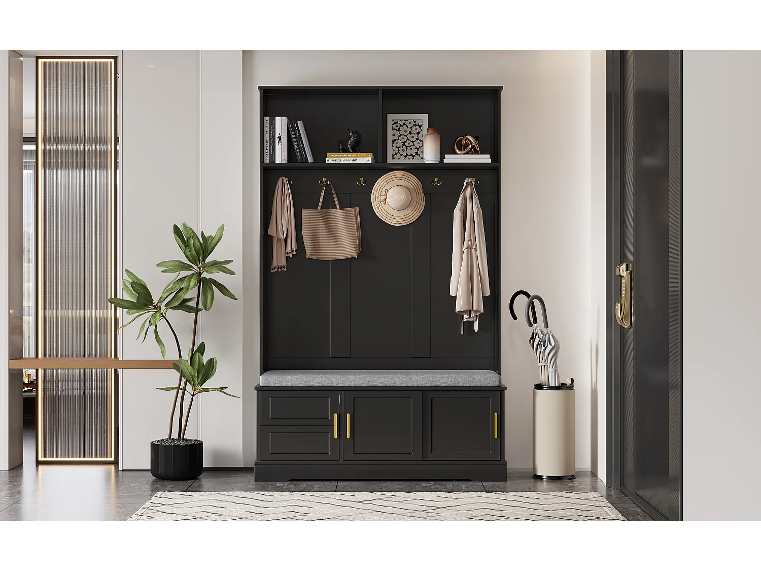 Armário - 120 x 40 x 191 cm - com sapateira + guarda-roupa + 6 ganchos triplos - aglomerado - preto