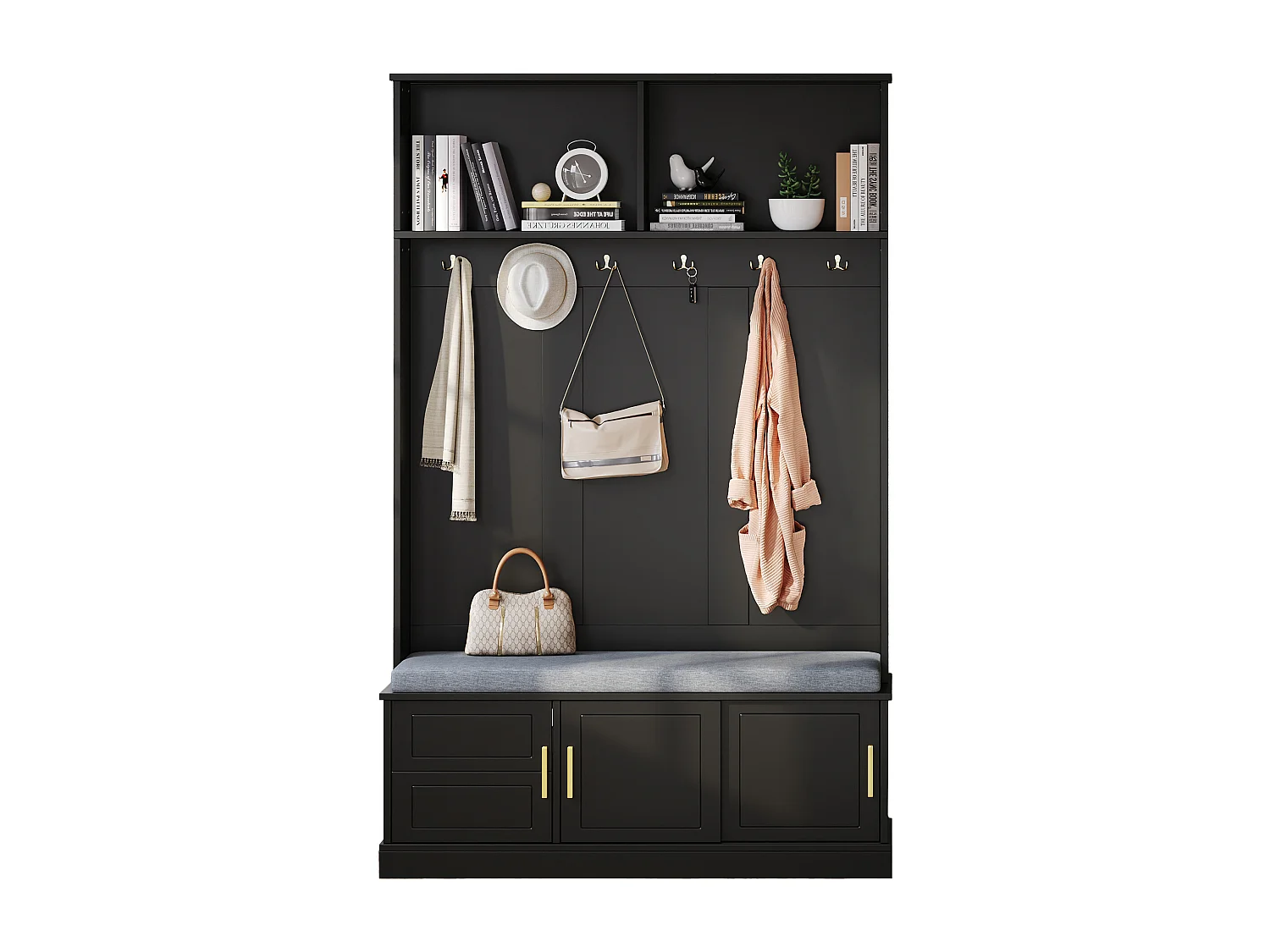 Armário - 120 x 40 x 191 cm - com sapateira + guarda-roupa + 6 ganchos triplos - aglomerado - preto