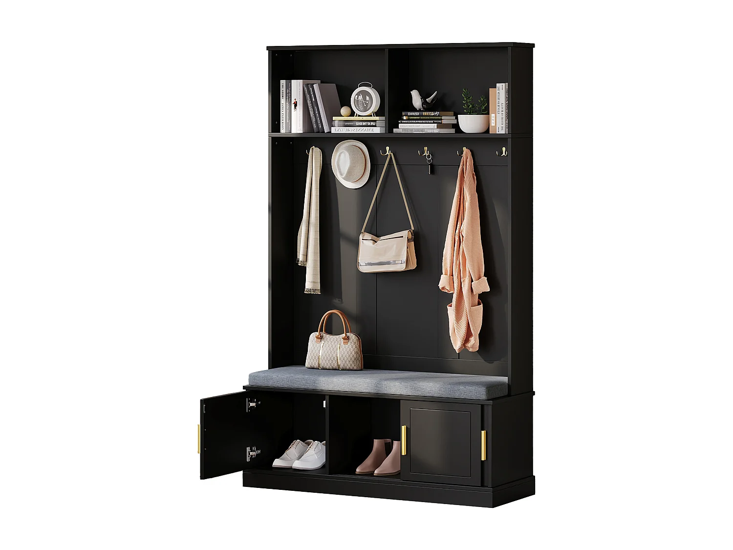 Armário - 120 x 40 x 191 cm - com sapateira + guarda-roupa + 6 ganchos triplos - aglomerado - preto