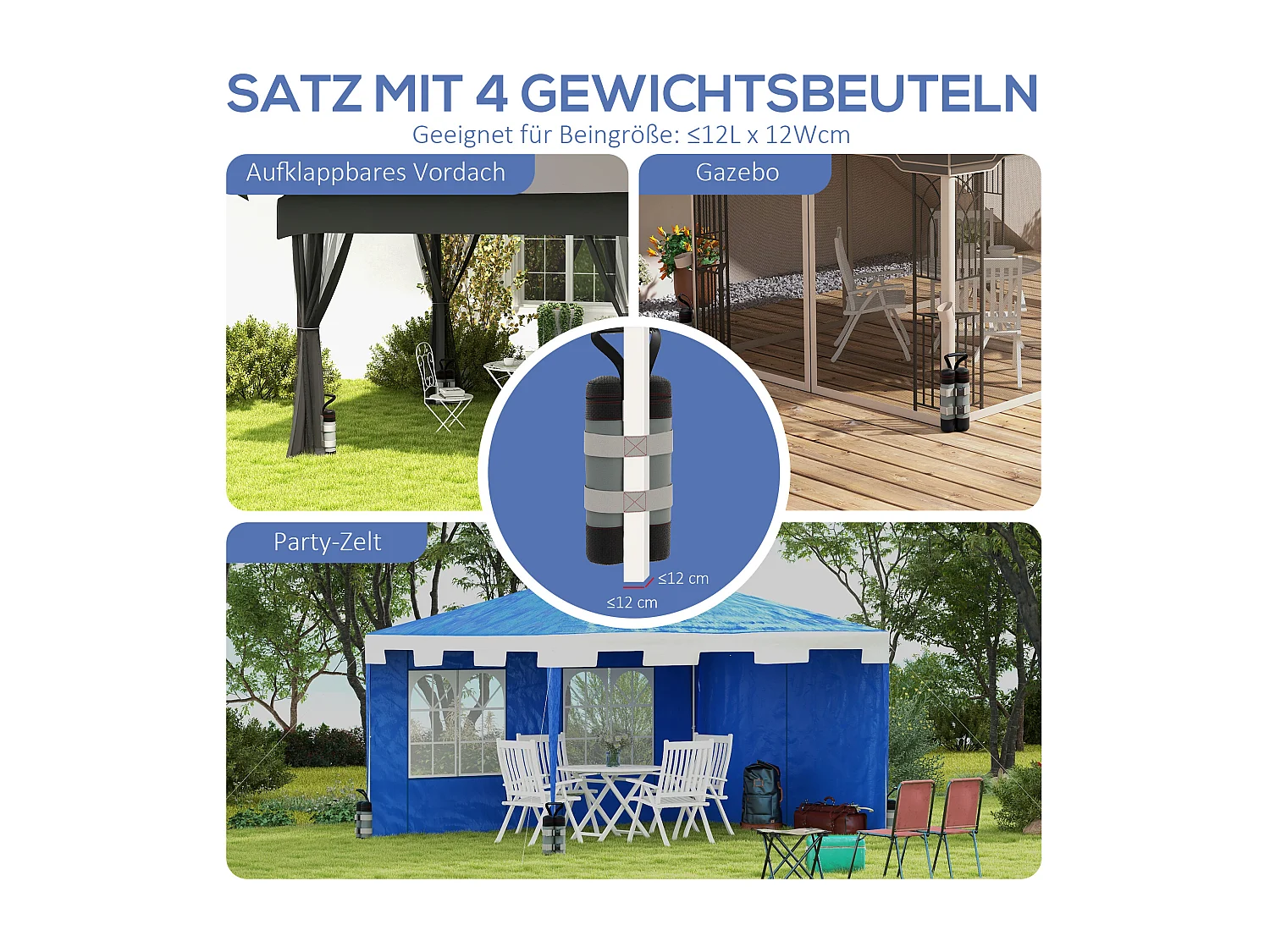 Zandzakkenset voor paviljoen, 4 stuks, Oxford, zwart, met handvatten (20x10x43 cm)