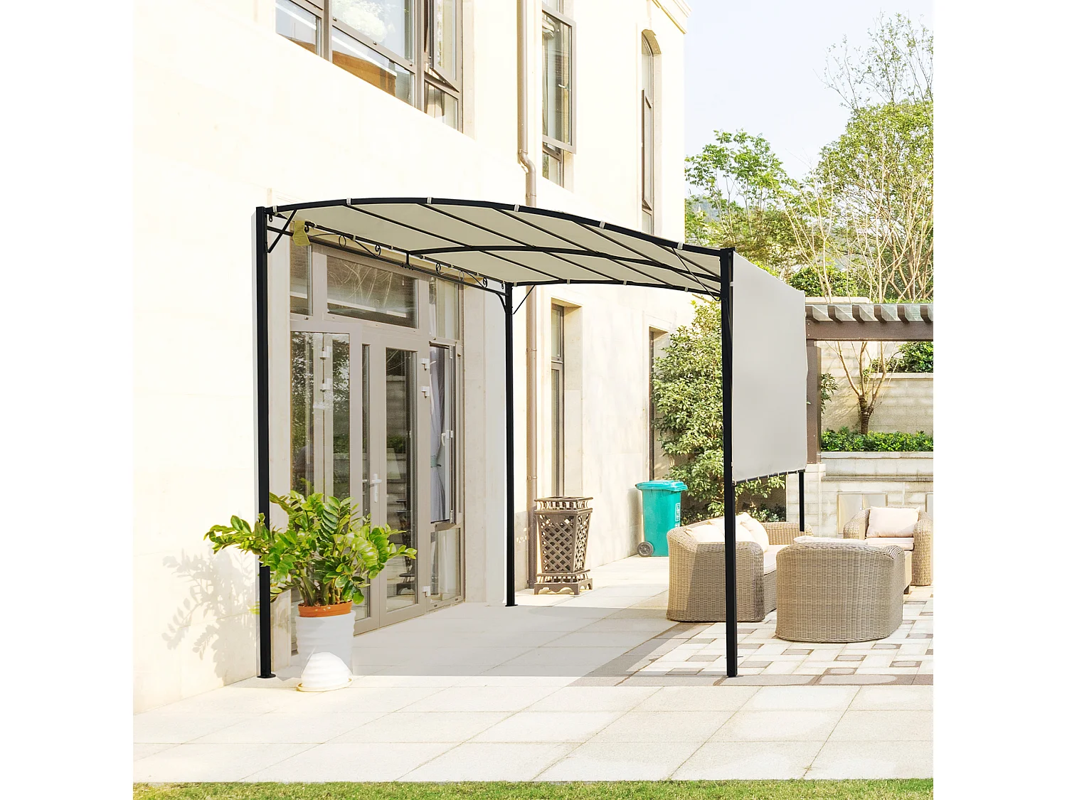 Pergola met uitschuifbaar dak, staal en polyester, crème en zwart (300x250x250 cm)