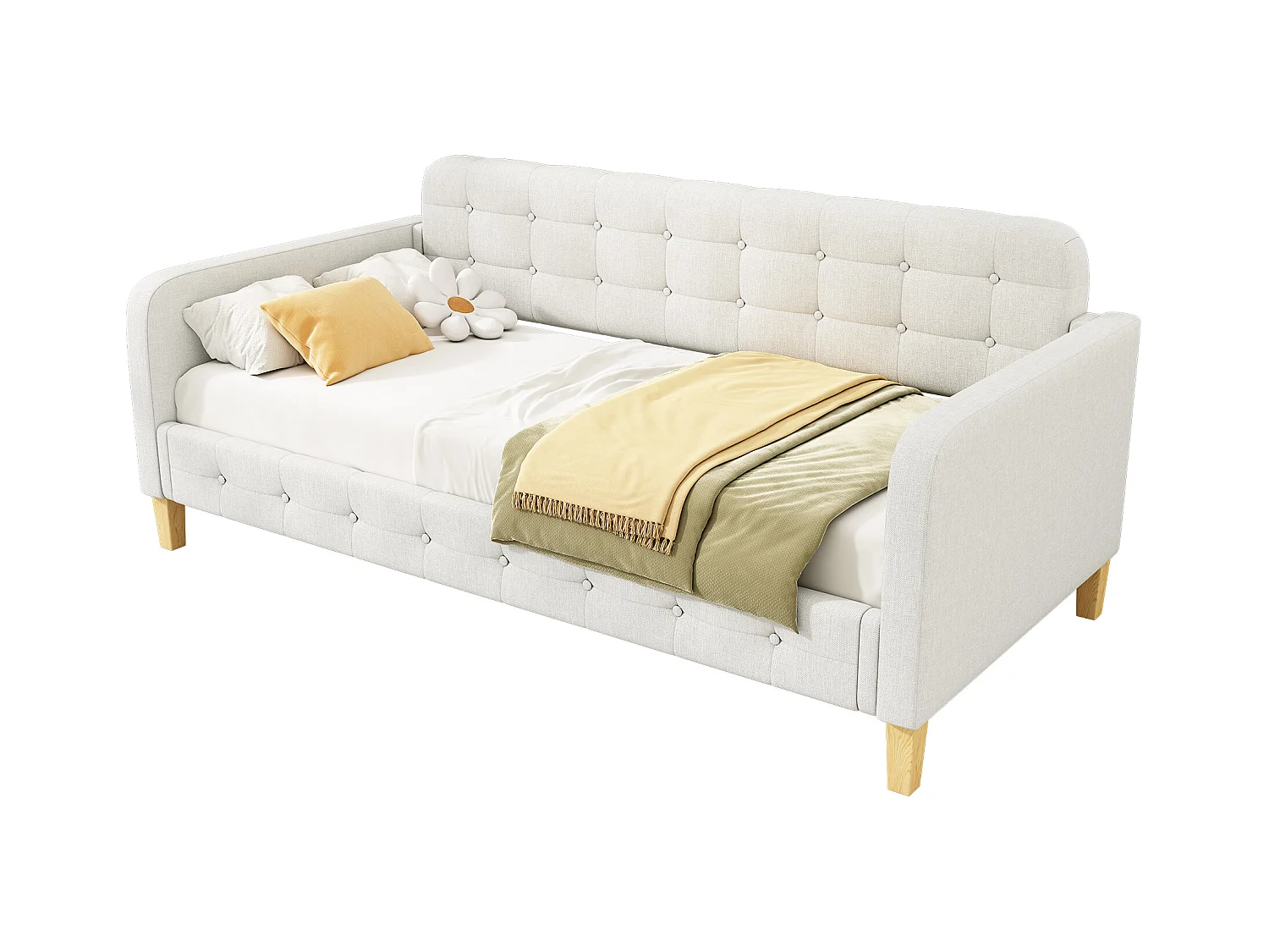 Canapé-lit 90x200 cm, lit de jour, boutons cloutés, lin, beige (215x102x70 cm)