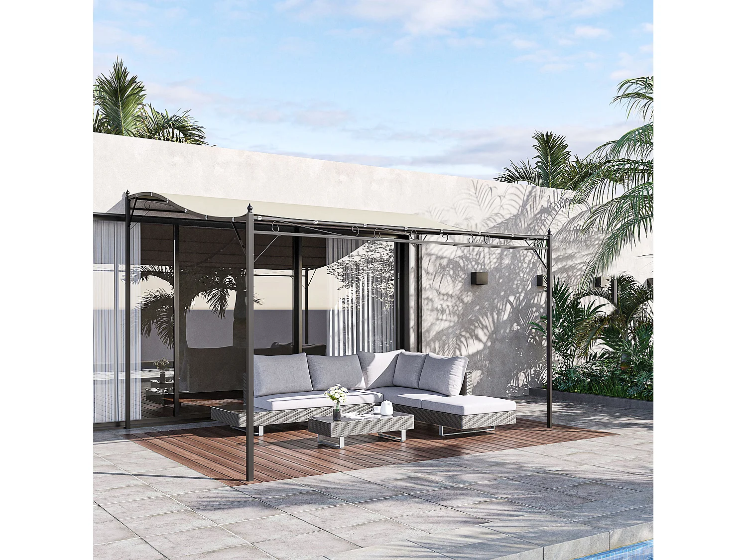 Pergola de jardin, structure en métal, toit en polyester, crème (297x297x250 cm)