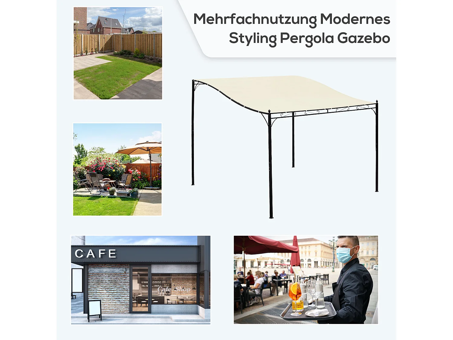 Pergola de jardin, structure en métal, toit en polyester, crème (297x297x250 cm)