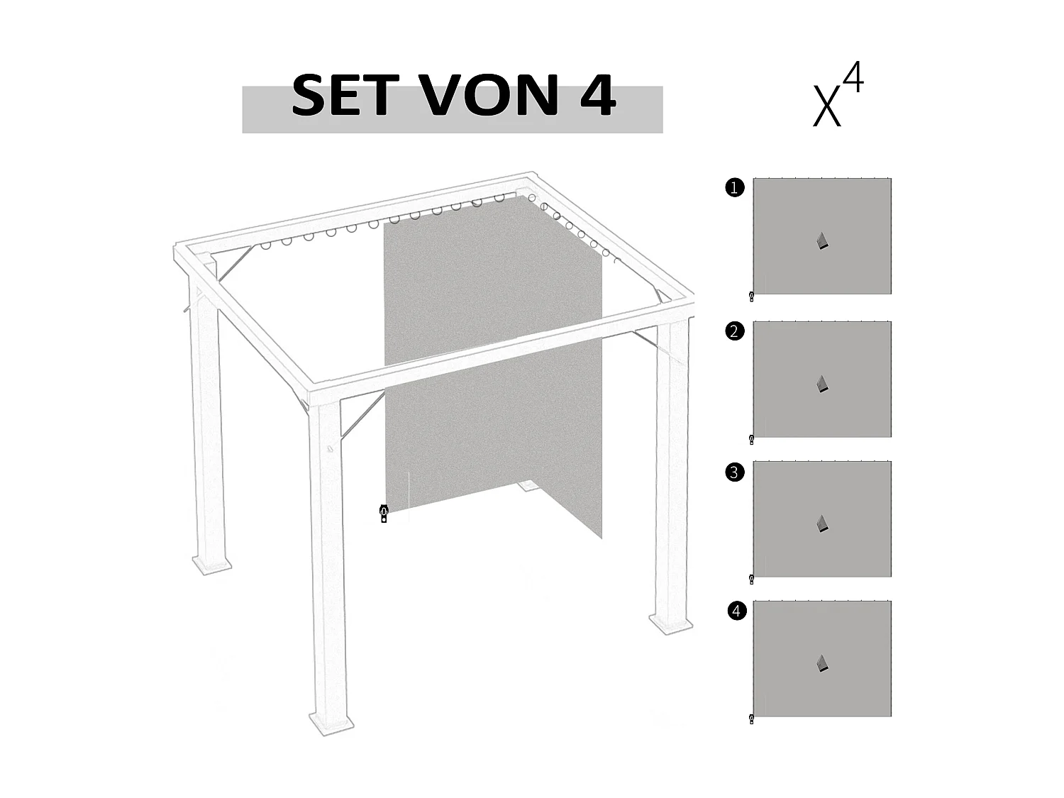 4 parois latérales pour pavillon 3x3m, polyester résistant, gris clair (302x1x205cm)