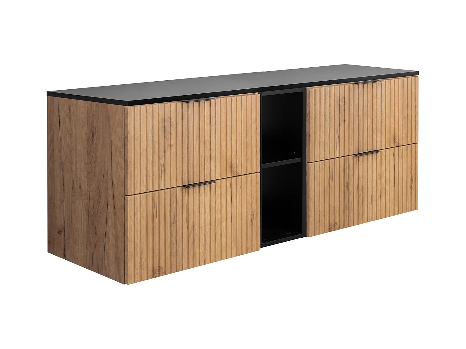 Meuble sous vasque FLOW 140 cm chêne avec étagère noire et plan de travail