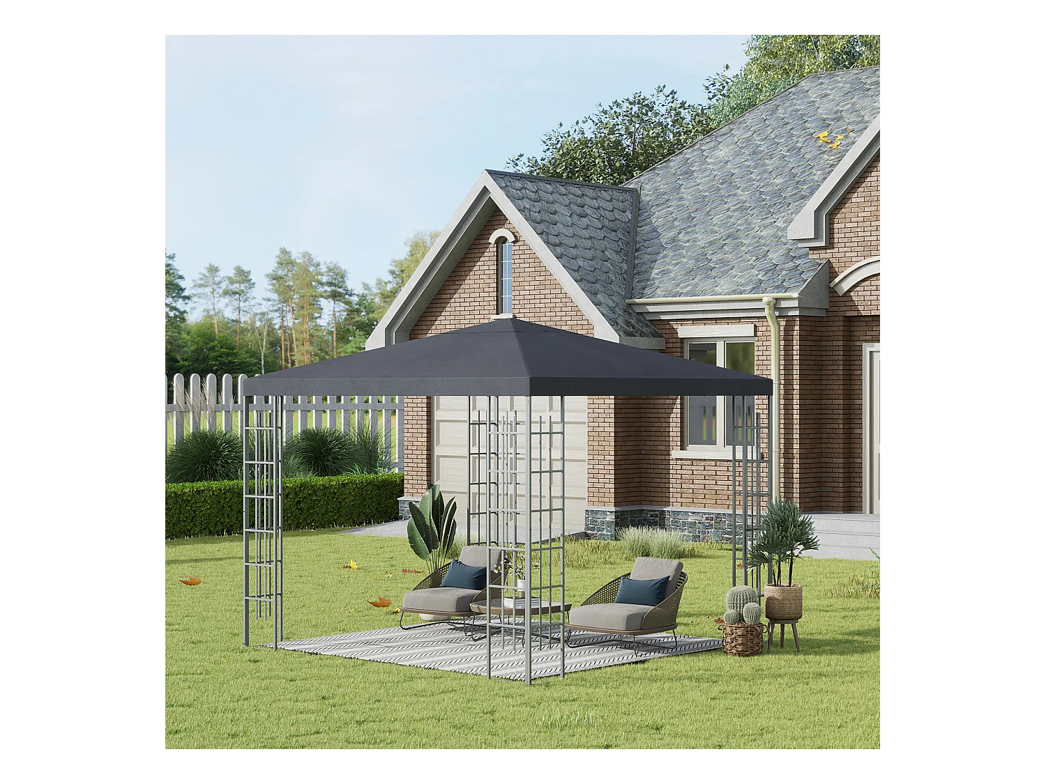 Pavillon de jardin 3x3m, structure en métal, toit en polyester, gris (295x295x255 cm)