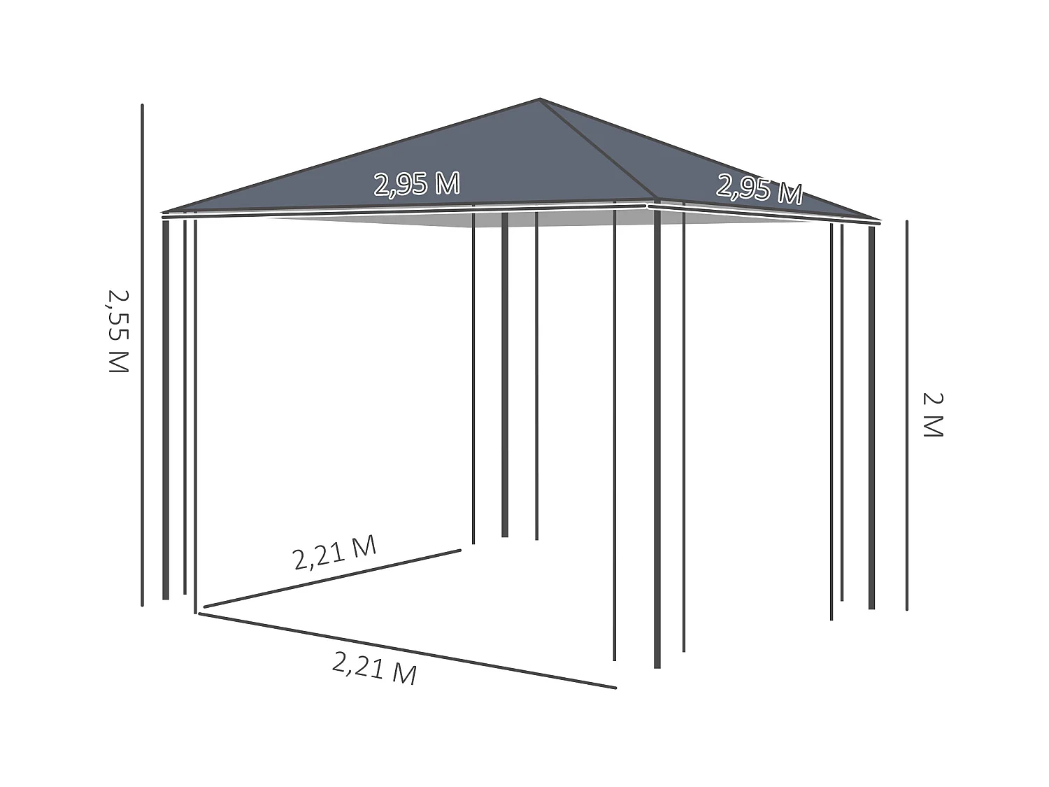 Pavillon de jardin 3x3m, structure en métal, toit en polyester, gris (295x295x255 cm)