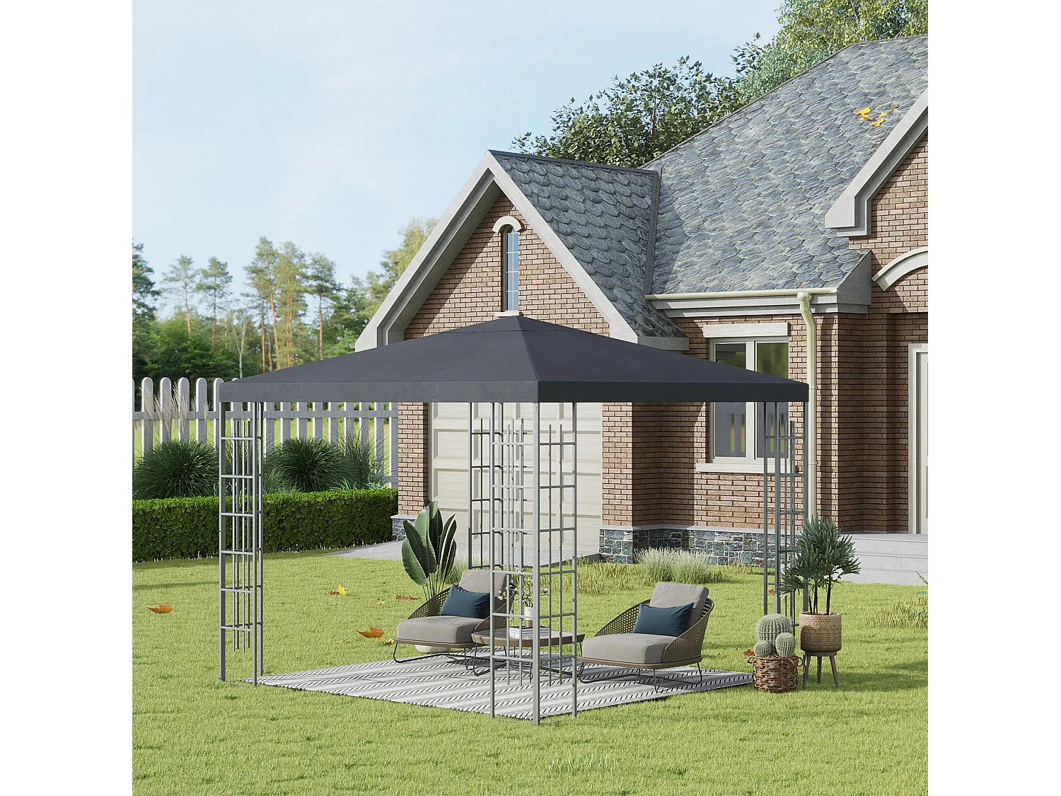 Pavillon de jardin 3x3m, structure en métal, toit en polyester, gris (295x295x255 cm)