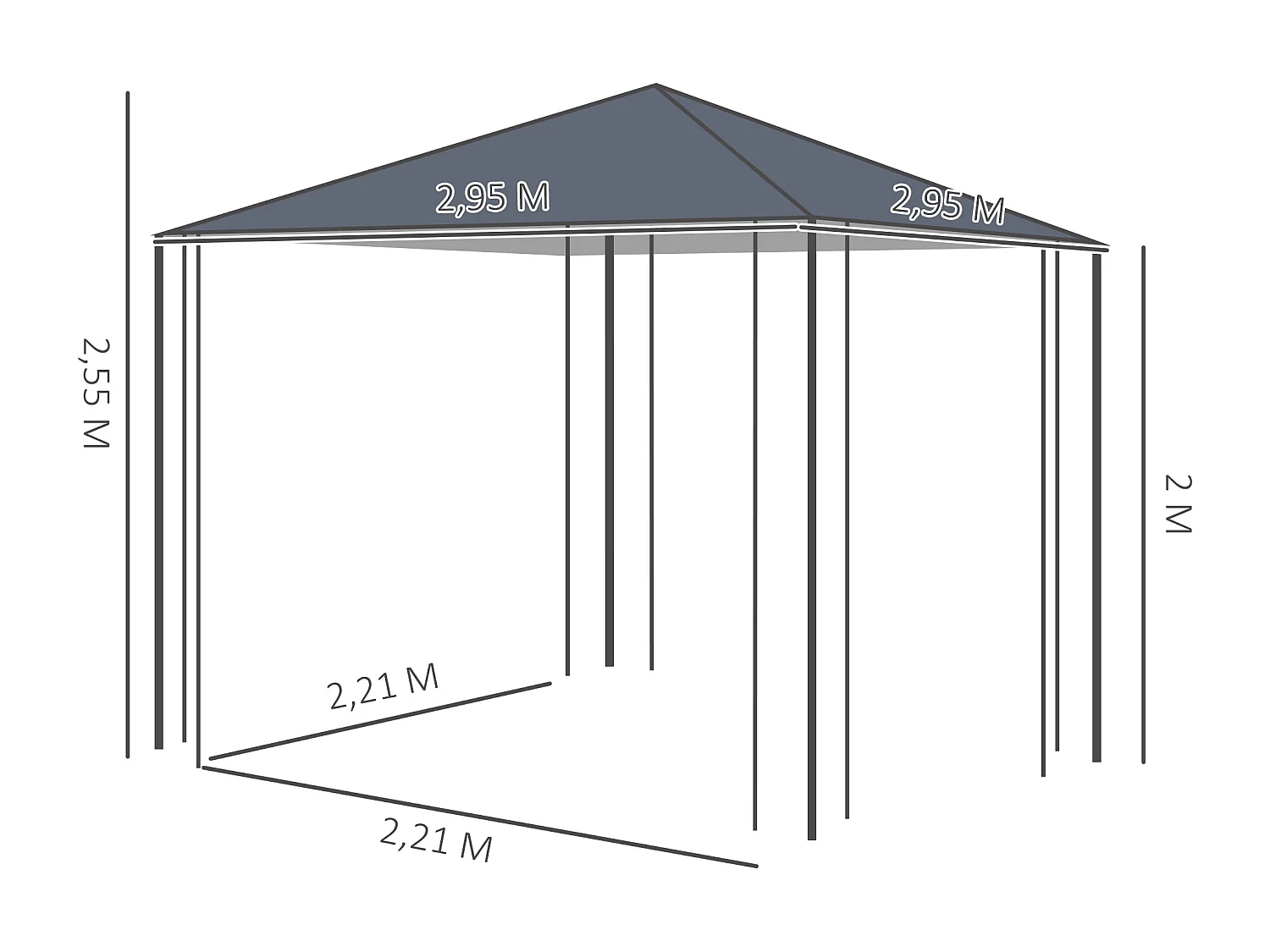 Pavillon de jardin 3x3m, structure en métal, toit en polyester, gris (295x295x255 cm)