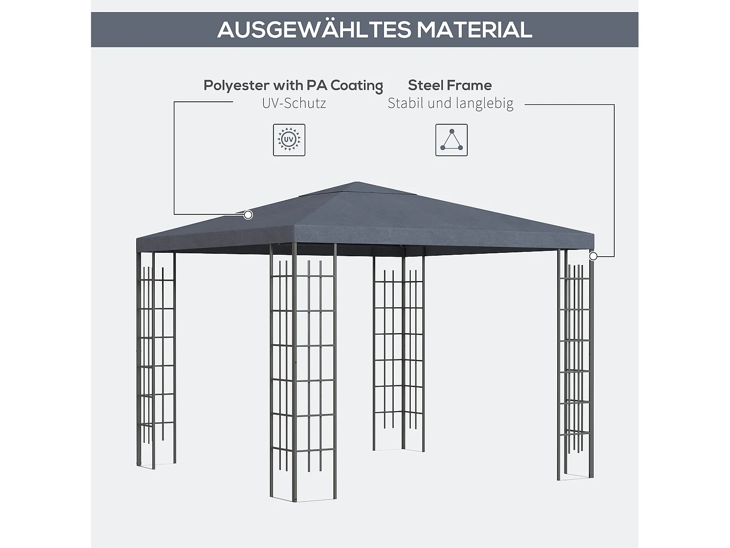 Pavillon de jardin 3x3m, structure en métal, toit en polyester, gris (295x295x255 cm)