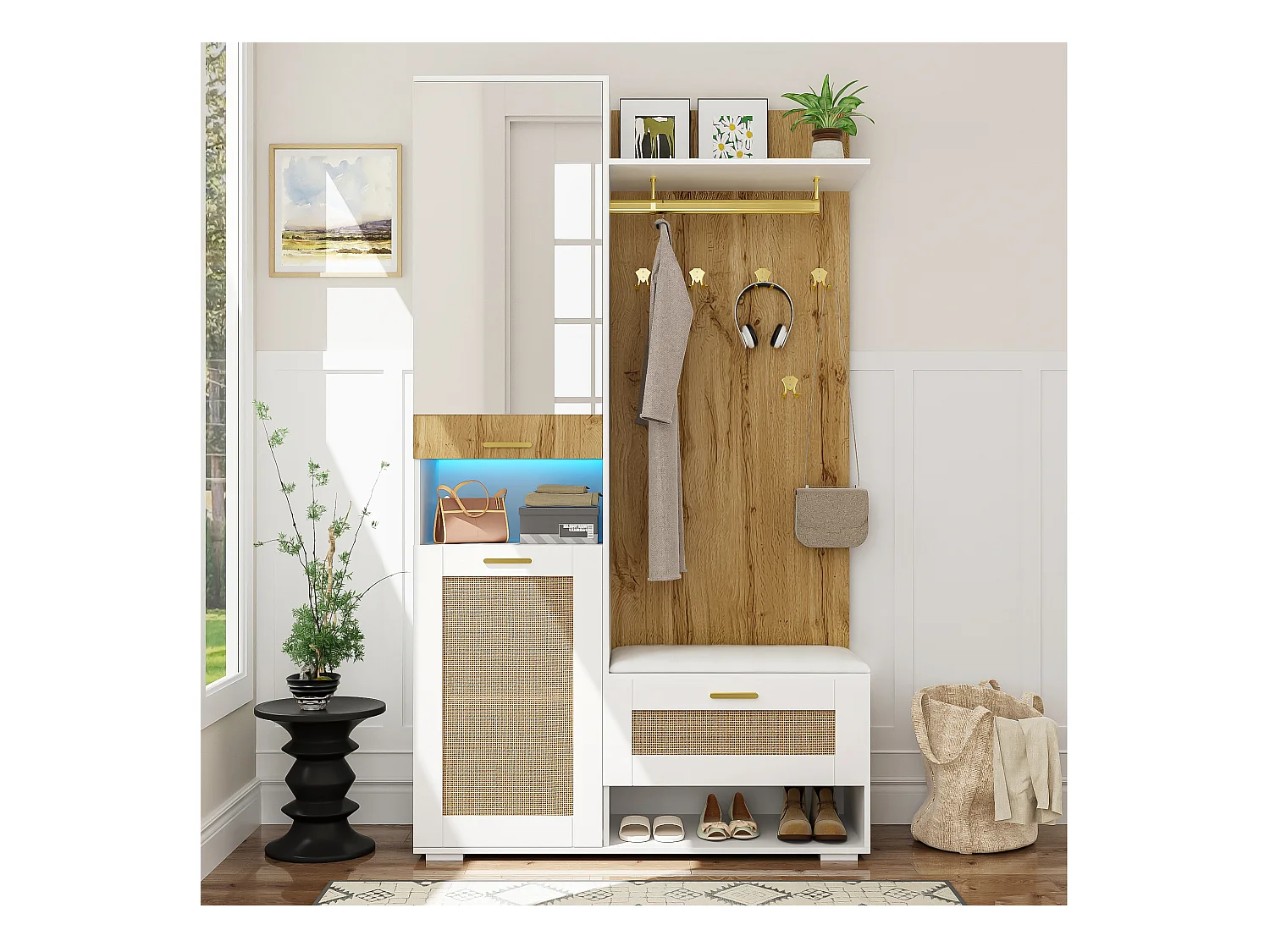 Vestiaire avec miroir - 110 x 38 x 190 cm - avec meuble à chaussures + porte-manteau + Leds - MDF - blanc