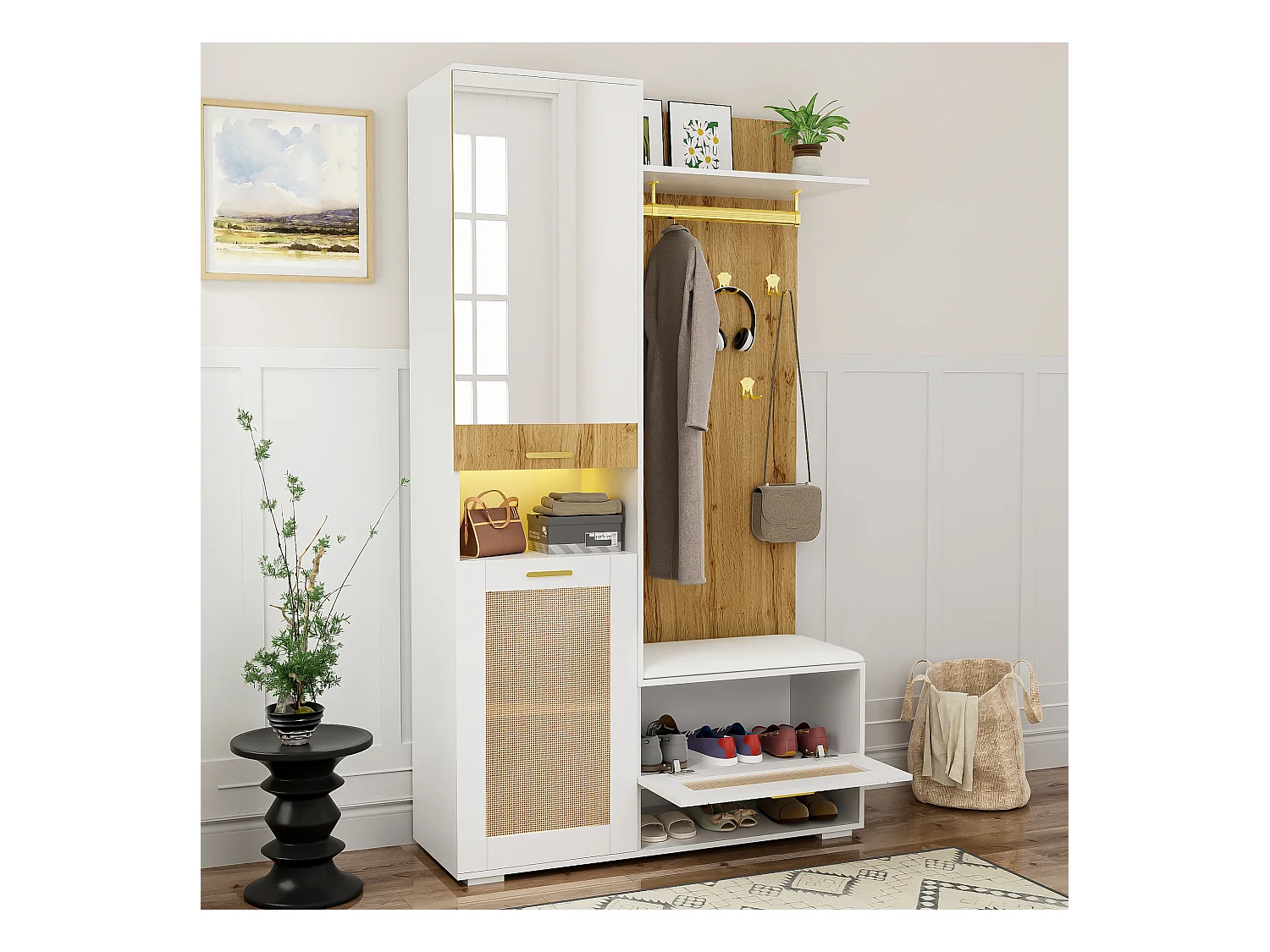 Vestiaire avec miroir - 110 x 38 x 190 cm - avec meuble à chaussures + porte-manteau + Leds - MDF - blanc