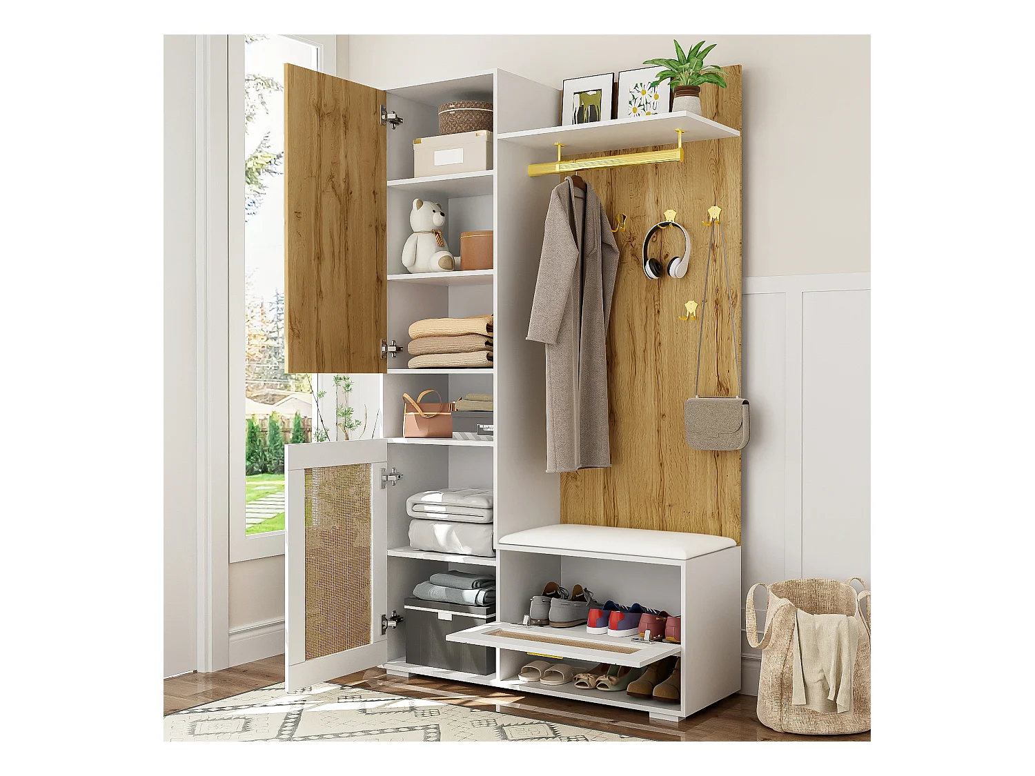 Vestiaire avec miroir - 110 x 38 x 190 cm - avec meuble à chaussures + porte-manteau + Leds - MDF - blanc