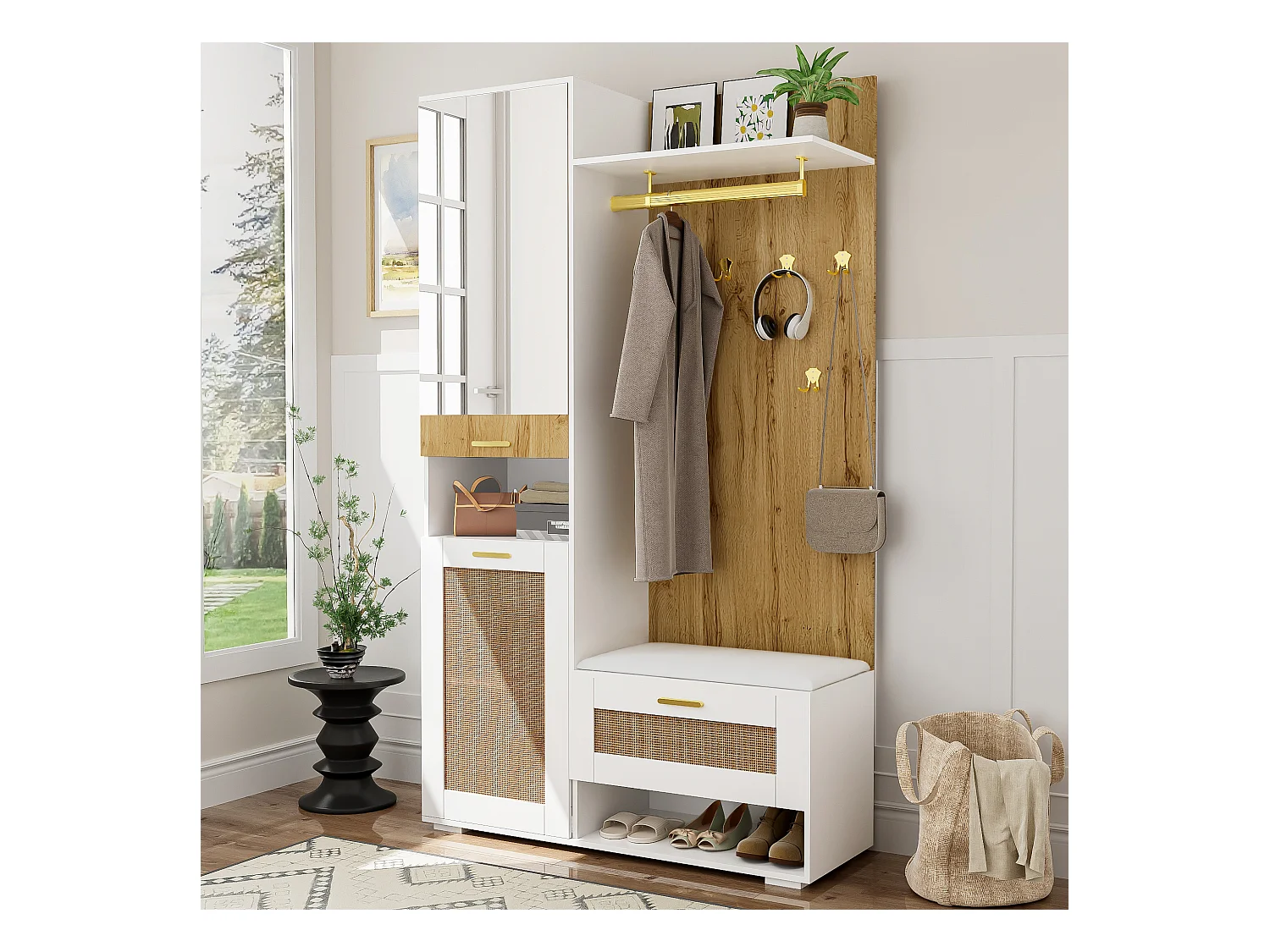 Vestiaire avec miroir - 110 x 38 x 190 cm - avec meuble à chaussures + porte-manteau + Leds - MDF - blanc