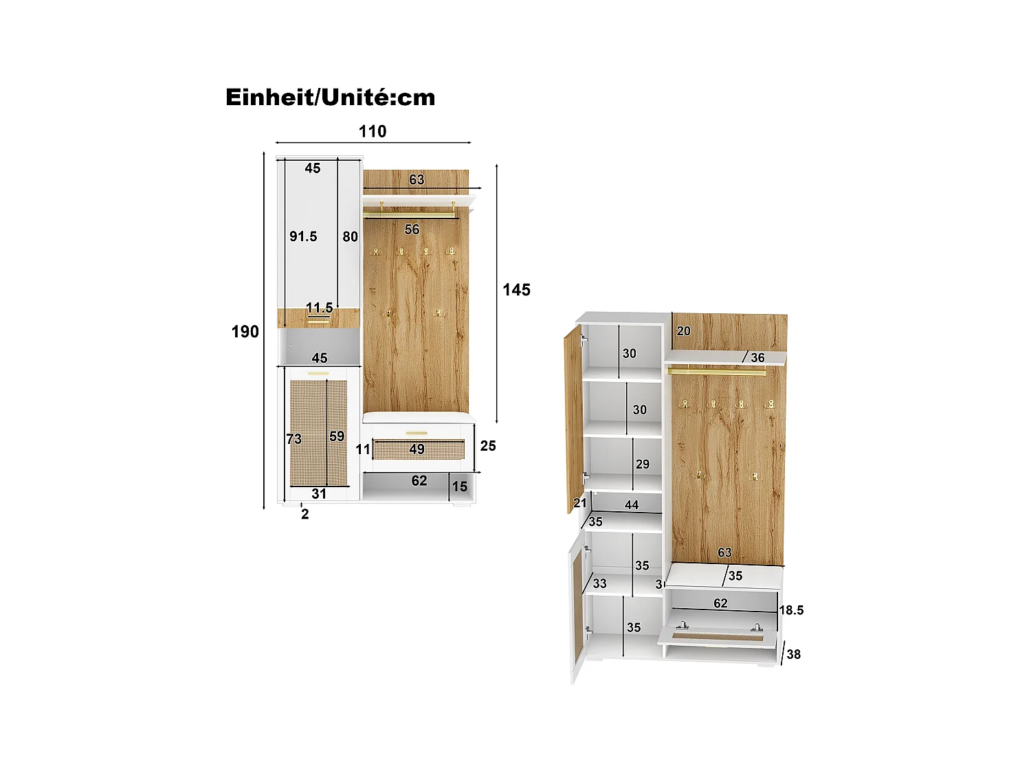 Vestiaire avec miroir - 110 x 38 x 190 cm - avec meuble à chaussures + porte-manteau + Leds - MDF - blanc