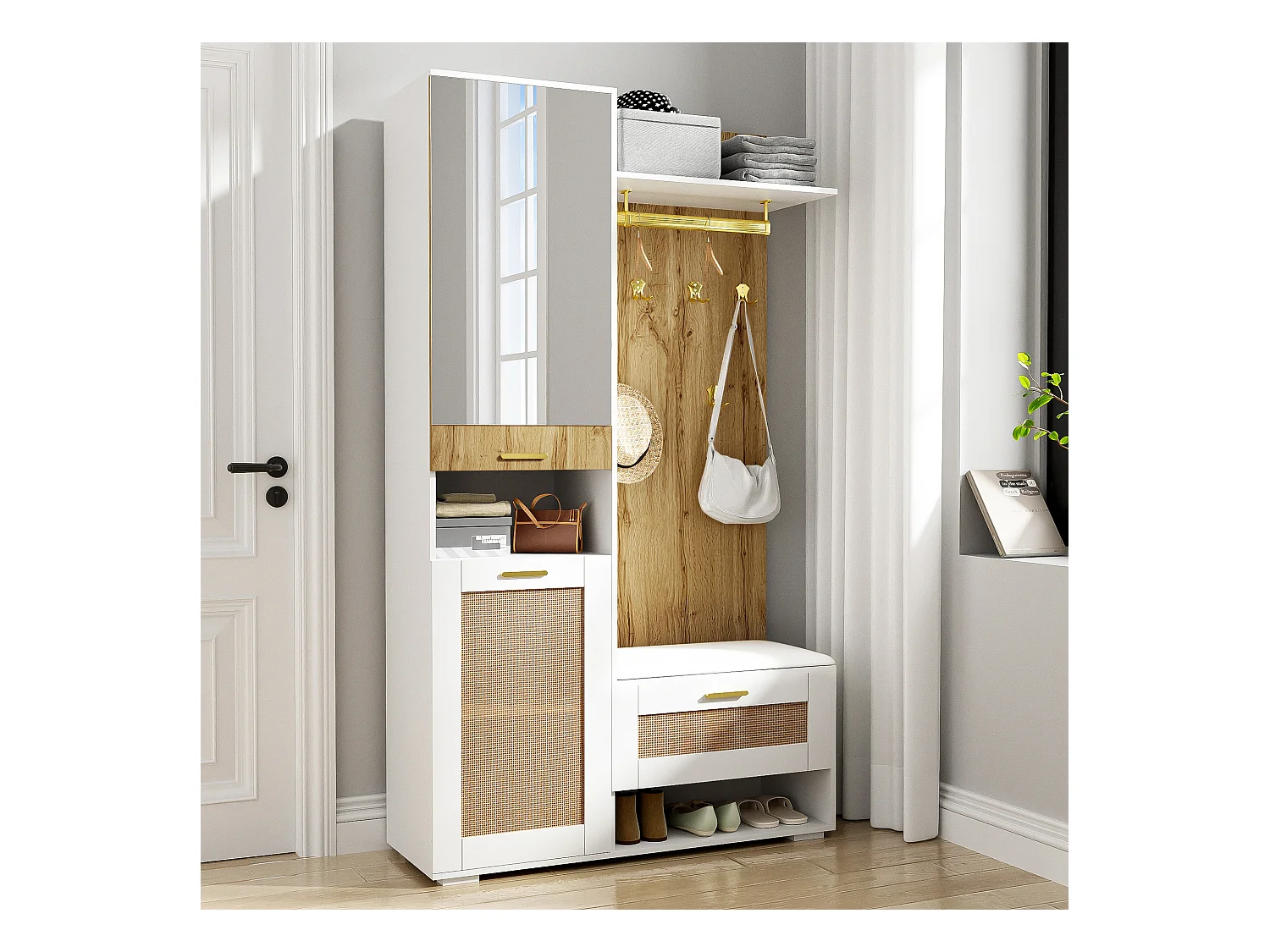 Vestiaire avec miroir - 110 x 38 x 190 cm - avec meuble à chaussures + porte-manteau + Leds - MDF - blanc