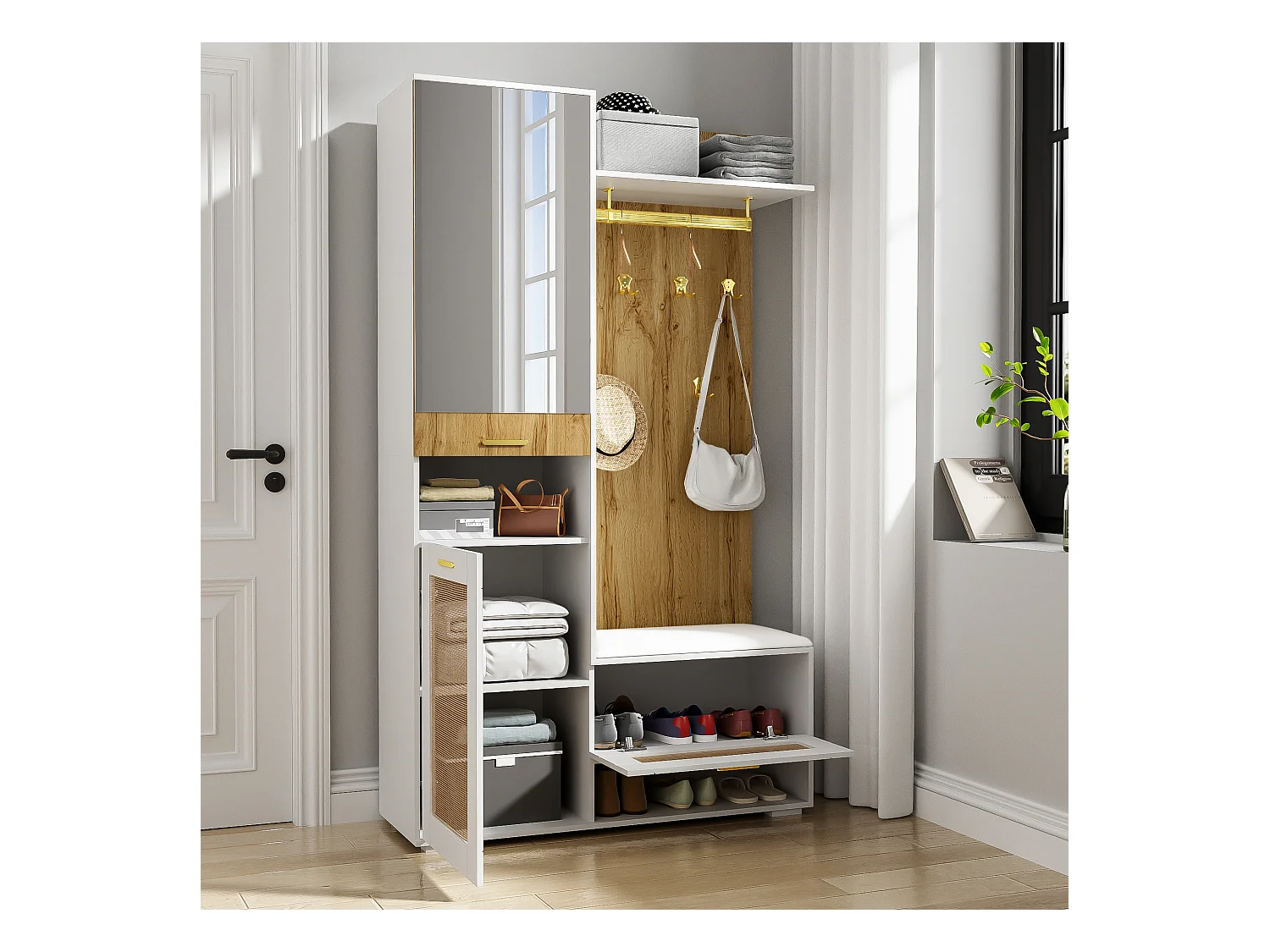 Vestiaire avec miroir - 110 x 38 x 190 cm - avec meuble à chaussures + porte-manteau + Leds - MDF - blanc