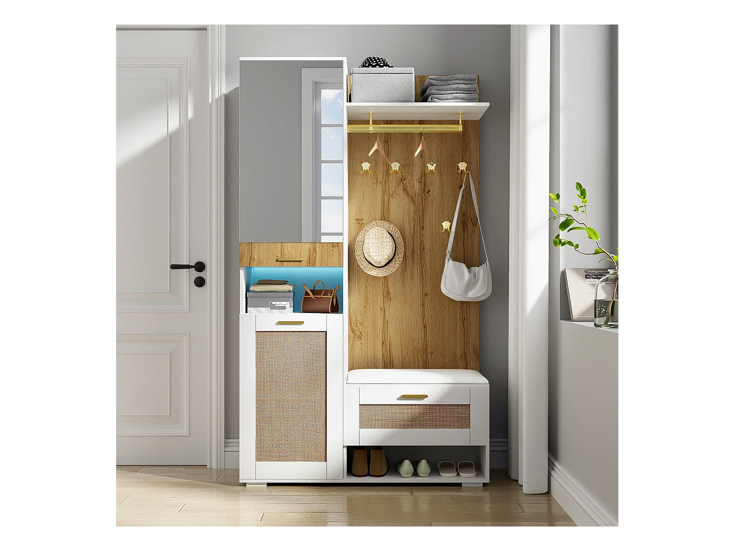 Vestiaire avec miroir - 110 x 38 x 190 cm - avec meuble à chaussures + porte-manteau + Leds - MDF - blanc