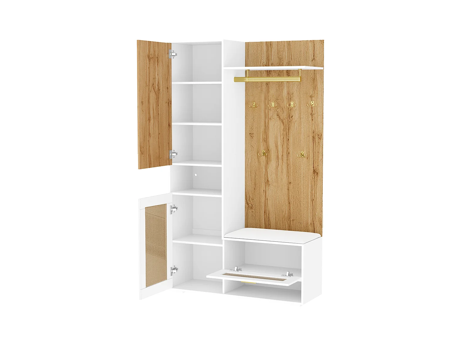 Vestiaire avec miroir - 110 x 38 x 190 cm - avec meuble à chaussures + porte-manteau + Leds - MDF - blanc