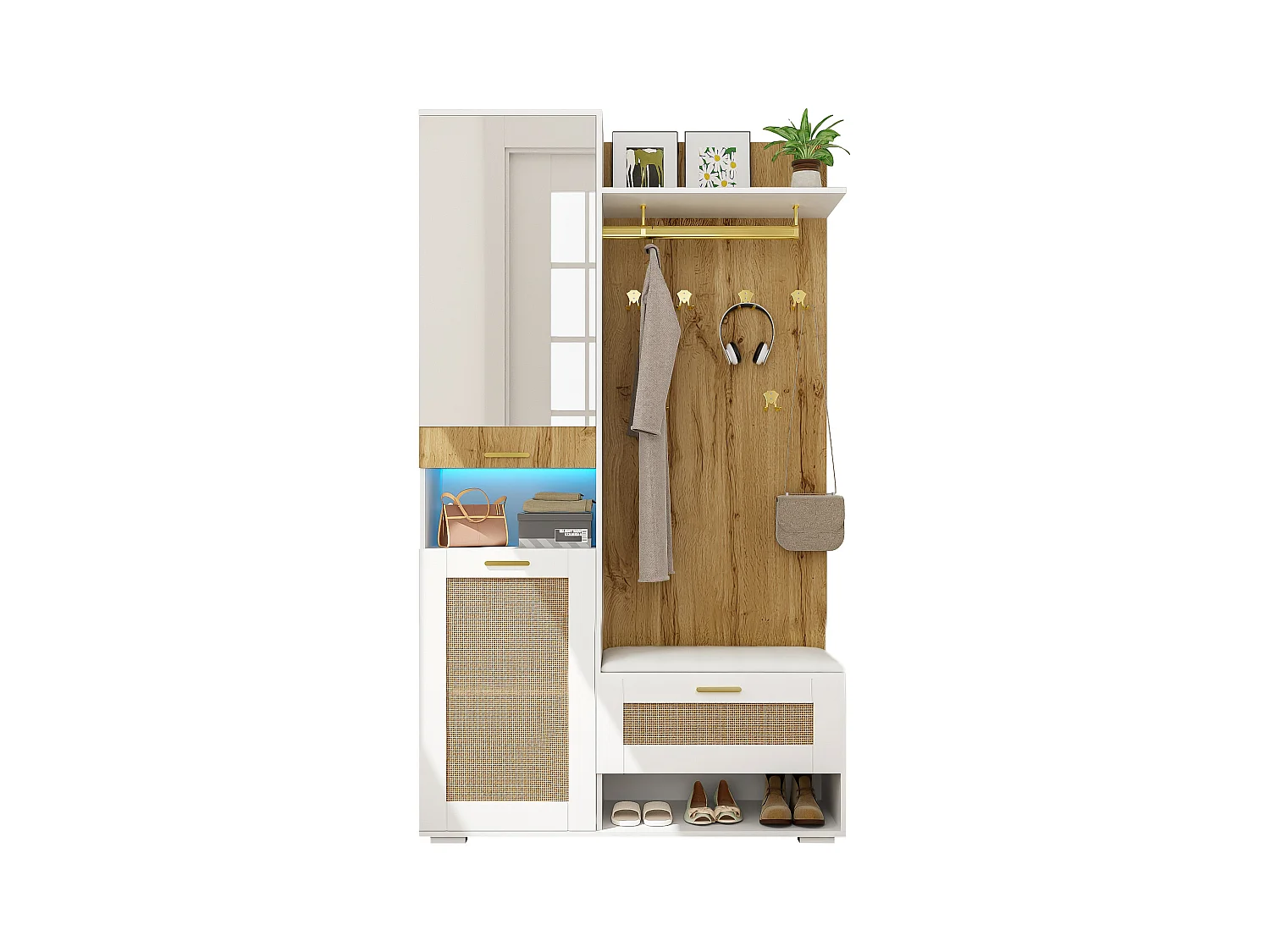 Vestiaire avec miroir - 110 x 38 x 190 cm - avec meuble à chaussures + porte-manteau + Leds - MDF - blanc