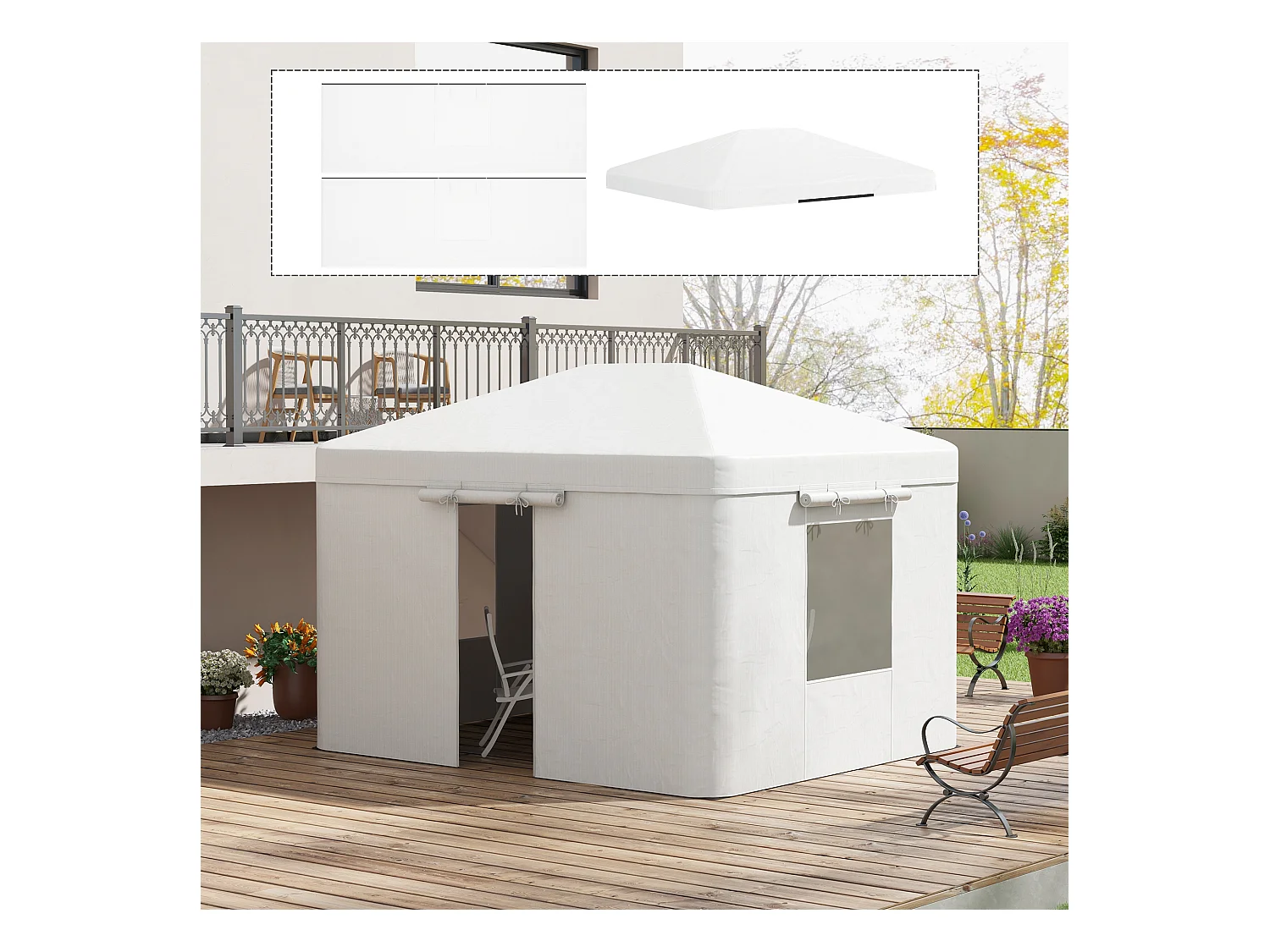 Toit de remplacement pour pavillon avec 2 murs, imperméable, pour jardin, en polyester, blanc (360x300x270 cm)