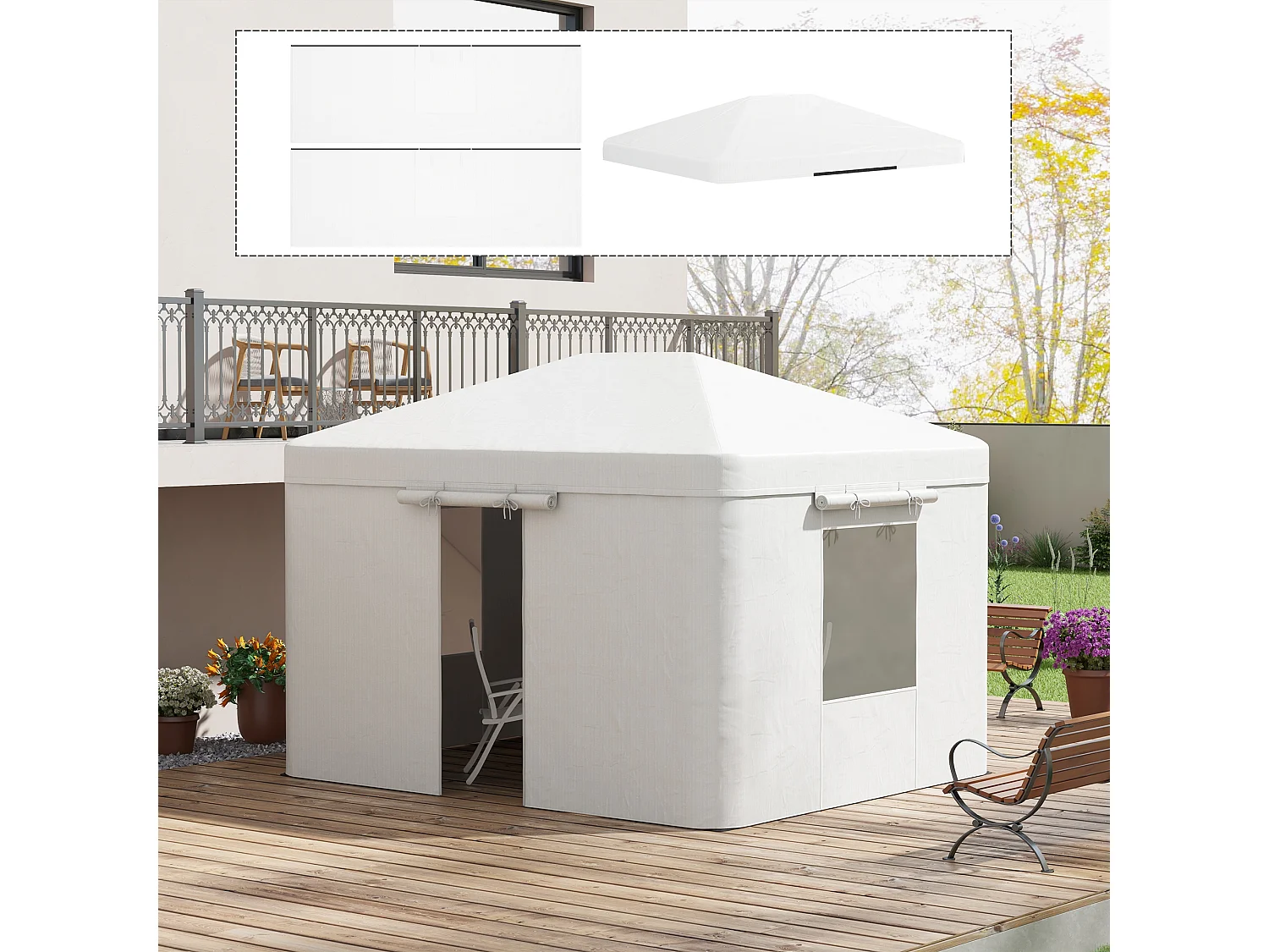Toit de remplacement pour pavillon avec 2 murs, imperméable, pour jardin, en polyester, blanc (360x300x270 cm)