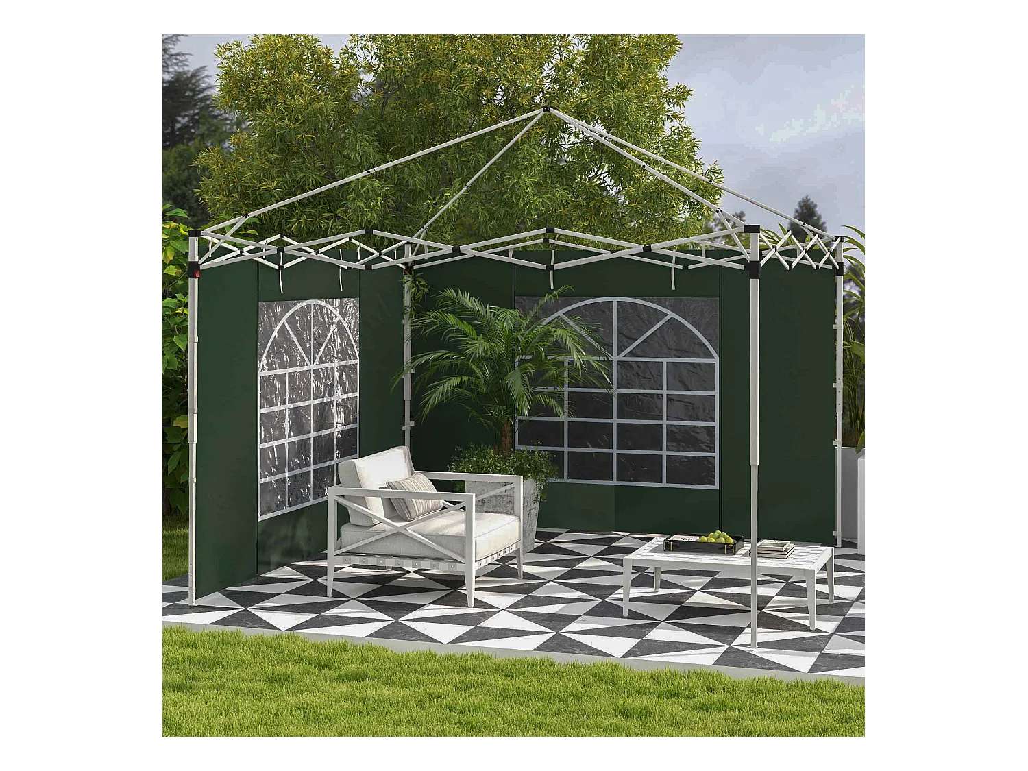 Set de 2 parois latérales pour pavillon avec fenêtres et fermeture éclair, polyester, vert (295x195cm)