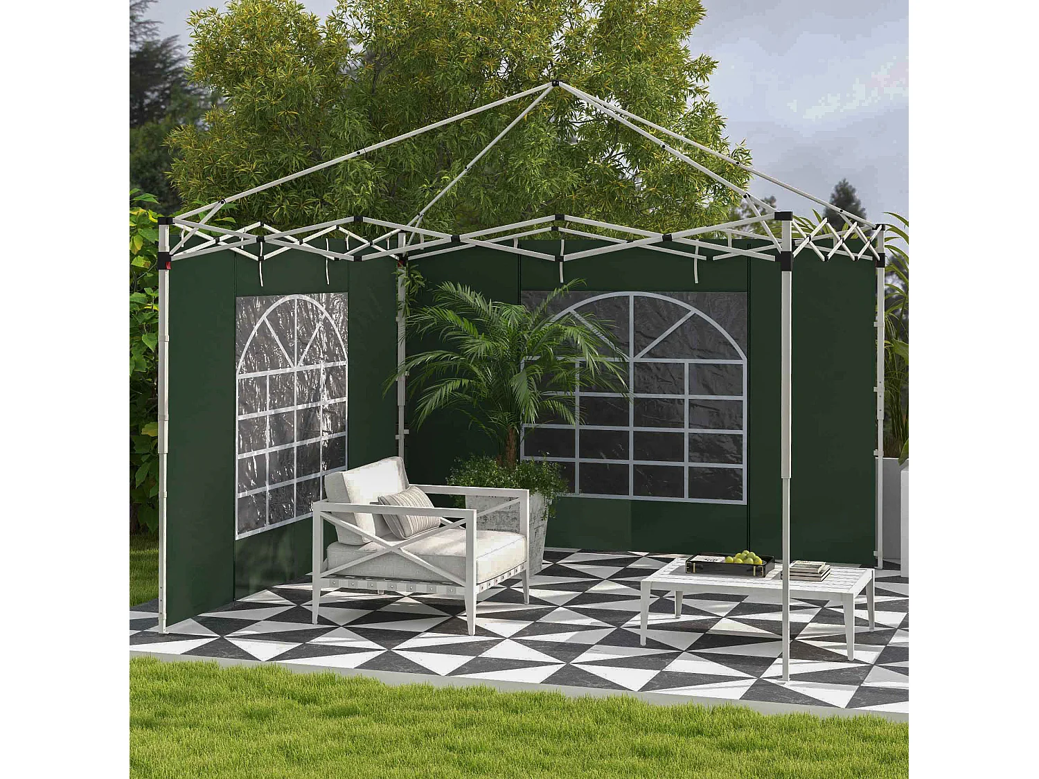 Set de 2 parois latérales pour pavillon avec fenêtres et fermeture éclair, polyester, vert (295x195cm)