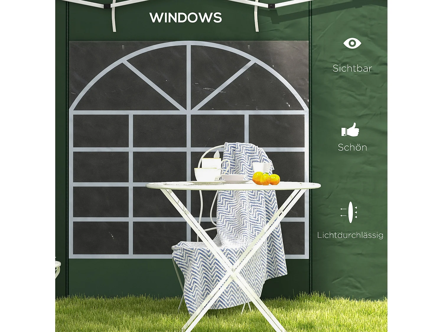 Set de 2 parois latérales pour pavillon avec fenêtres et fermeture éclair, polyester, vert (295x195cm)