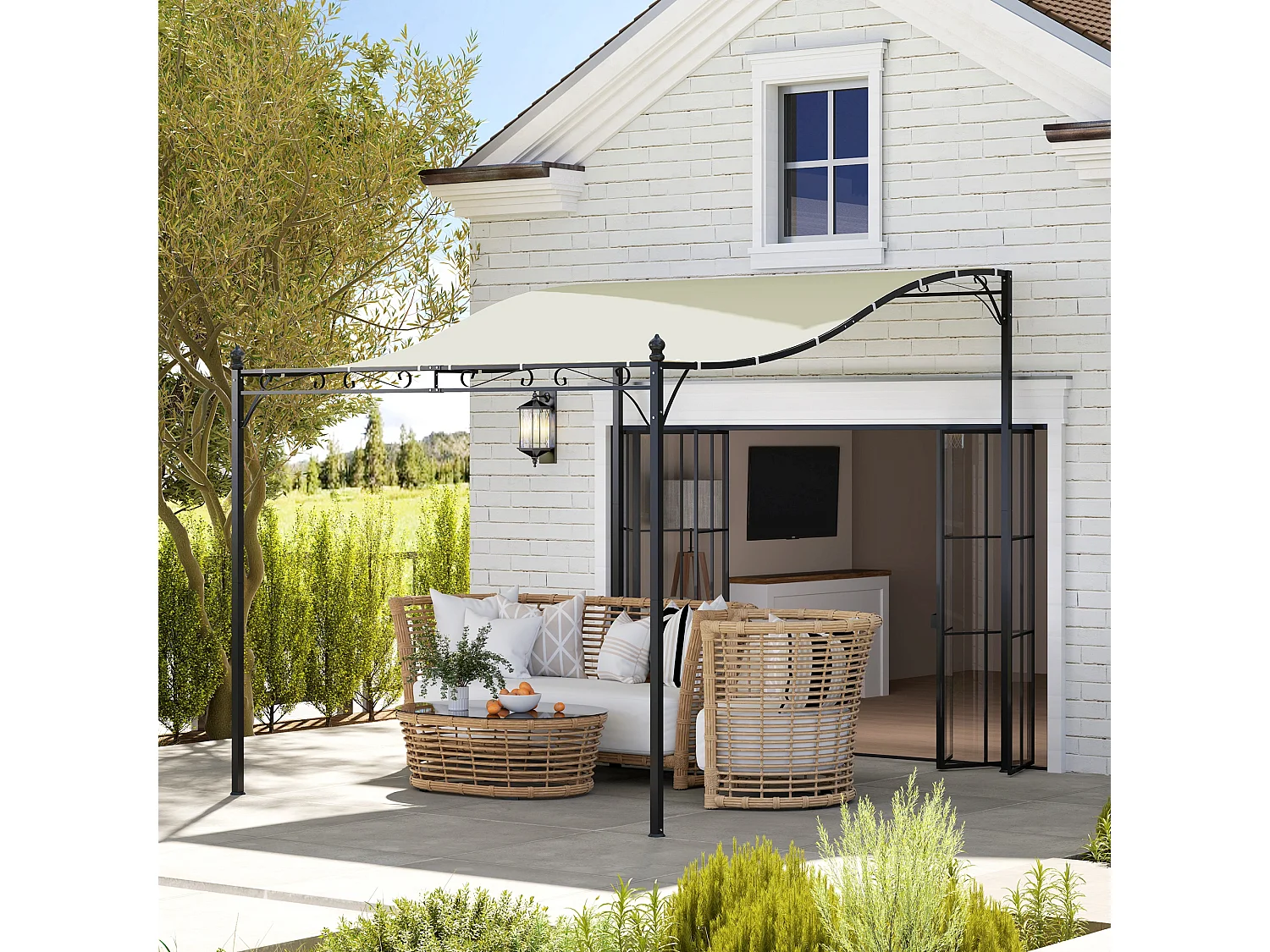 Pergola avec toit imperméable, structure en métal, couleur crème (248x298x250 cm)