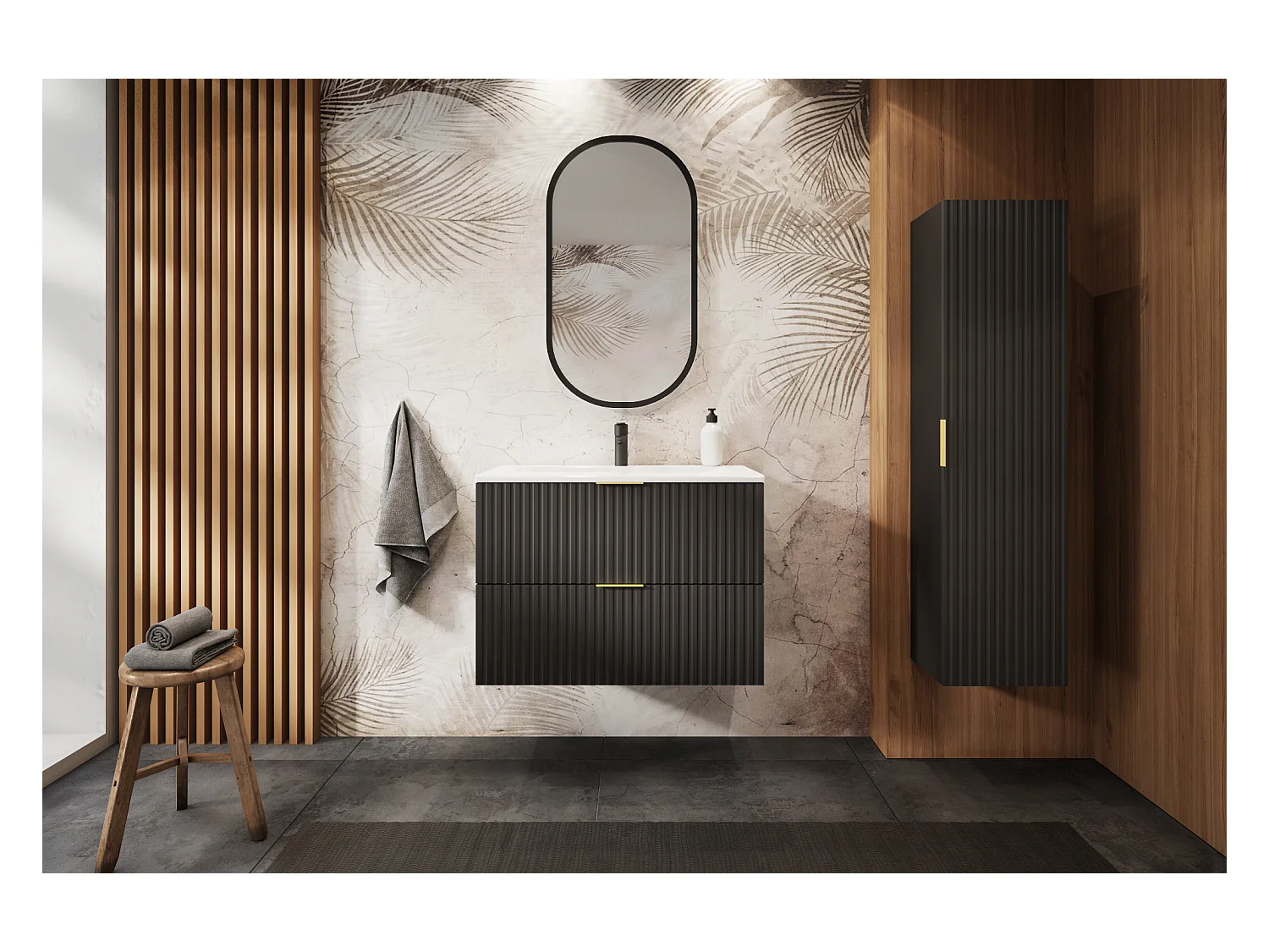 Meuble de salle de bain strié FLOW 80 cm noir