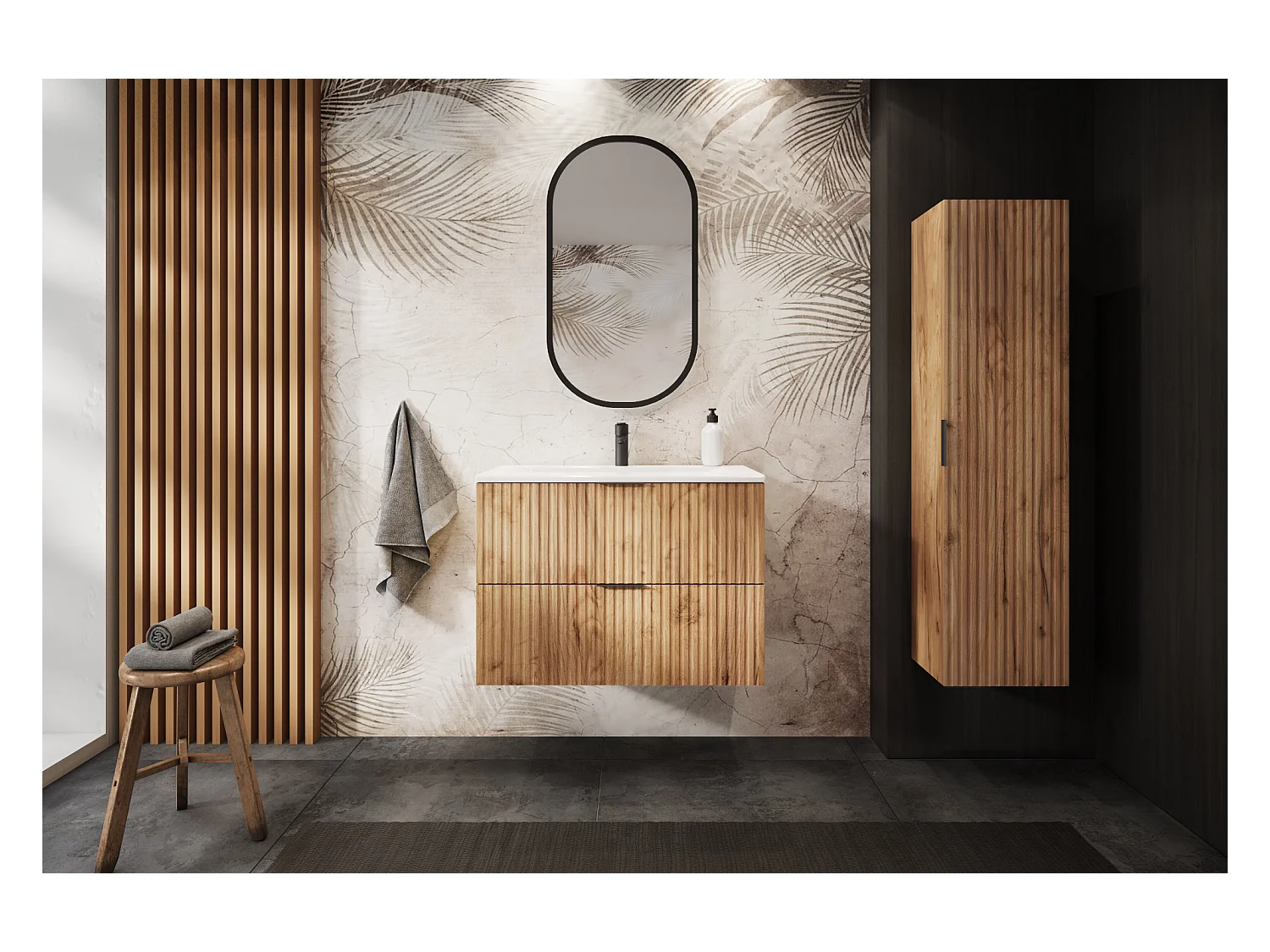 Meuble de salle de bain strié FLOW 80 cm chêne craft doré