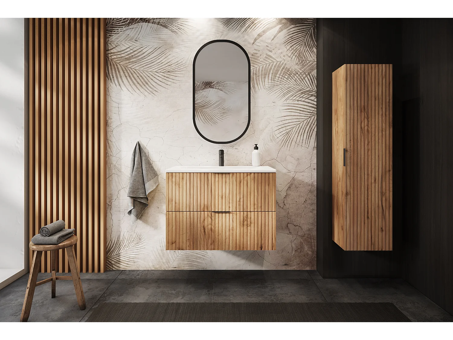 Meuble de salle de bain strié FLOW 80 cm chêne craft doré