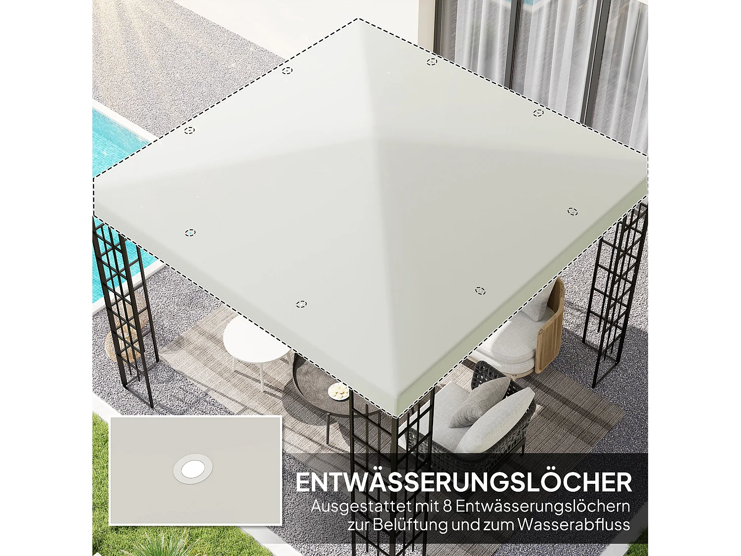 Remplaçant de toit pour pavillon 3 x 3 m, toit étanche en polyester, avec œillets de drainage, gris clair (298x298x1 cm)