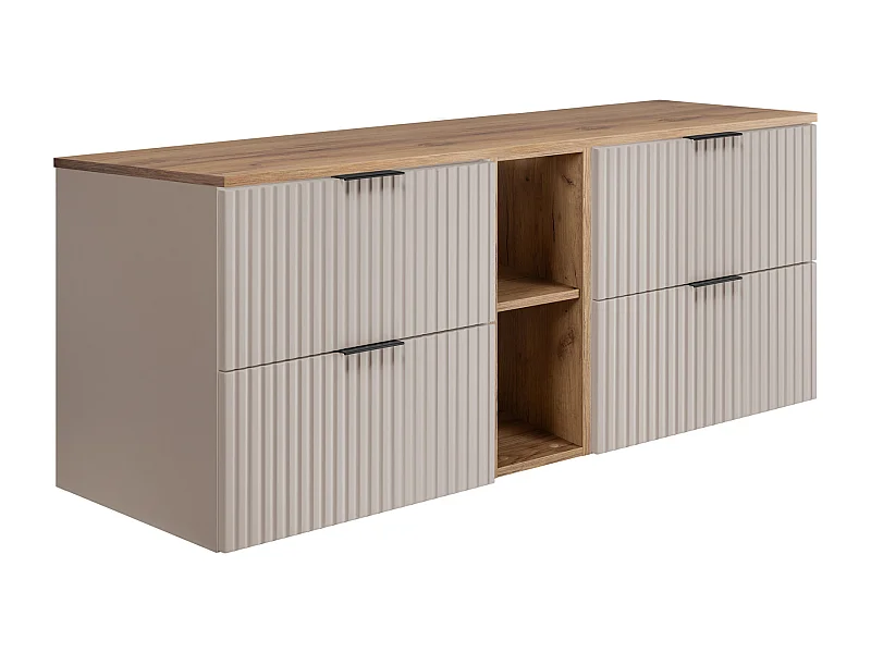 Mobile da bagno scanalato FLOW 140 cm in cashmere con scaffale e piano in rovere craft oro