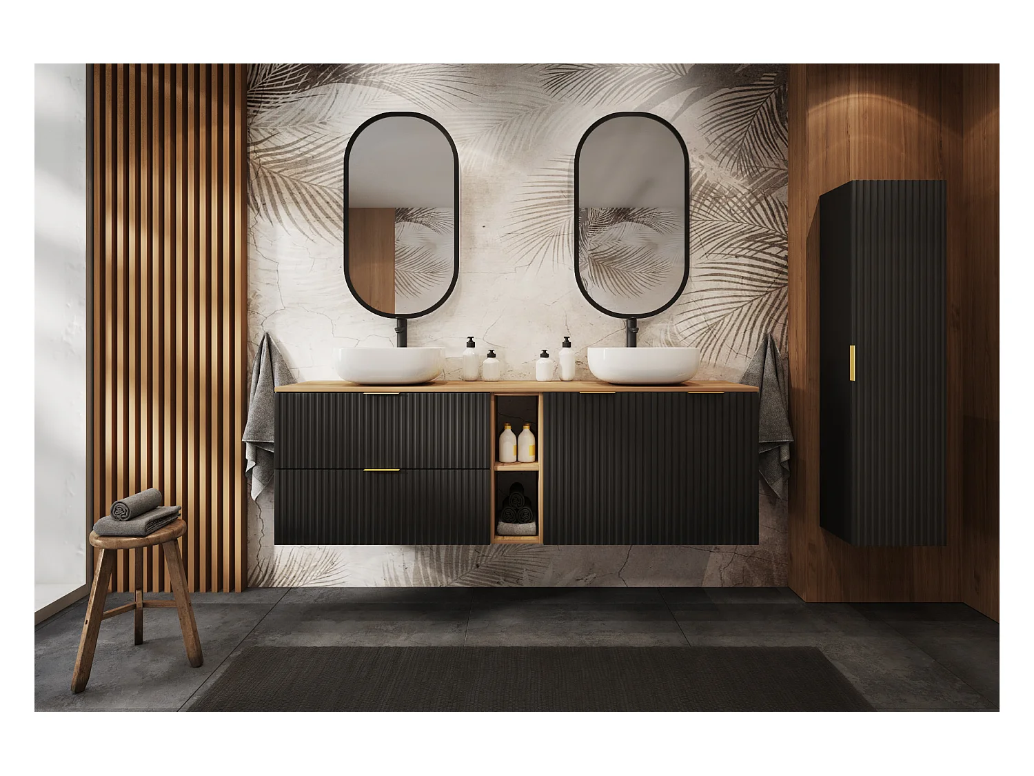 Meuble sous vasque FLOW 140 cm noir avec étagère et plan de travail chêne craft doré