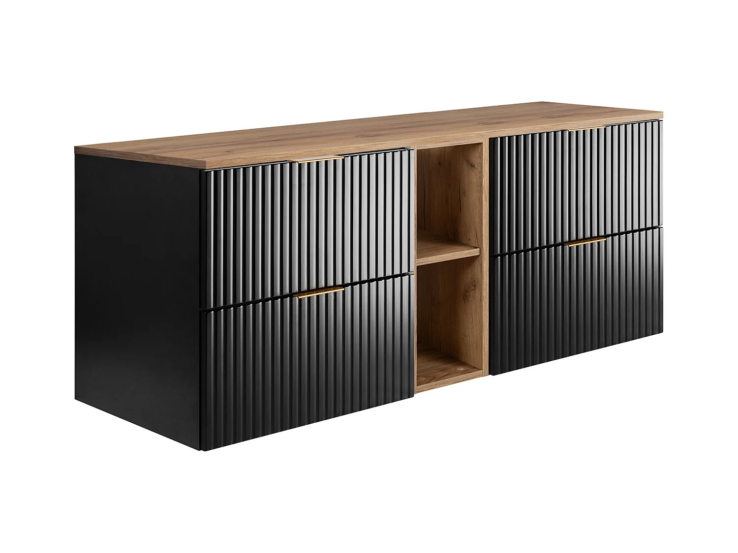 Meuble sous vasque FLOW 140 cm noir avec étagère et plan de travail chêne craft doré