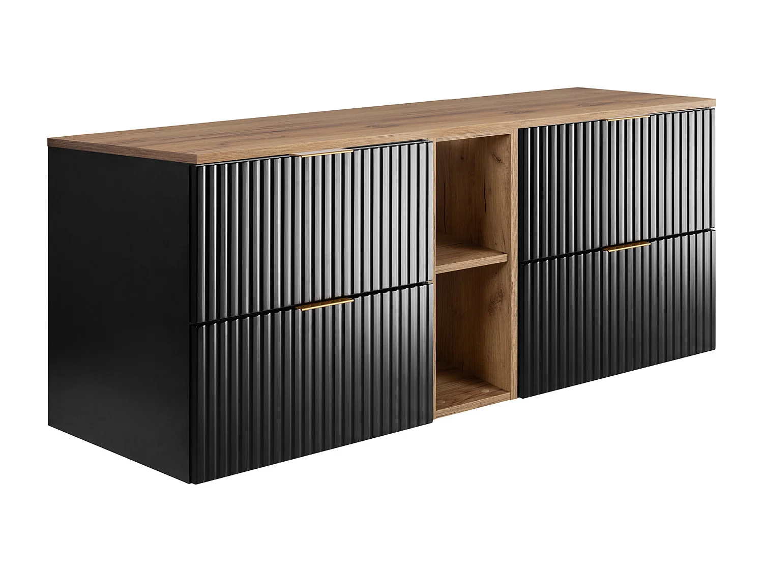 Meuble sous vasque FLOW 140 cm noir avec étagère et plan de travail chêne craft doré