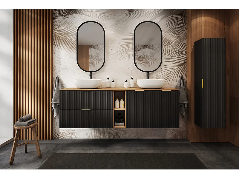 Meuble sous vasque FLOW 140 cm noir avec étagère et plan de travail chêne craft doré