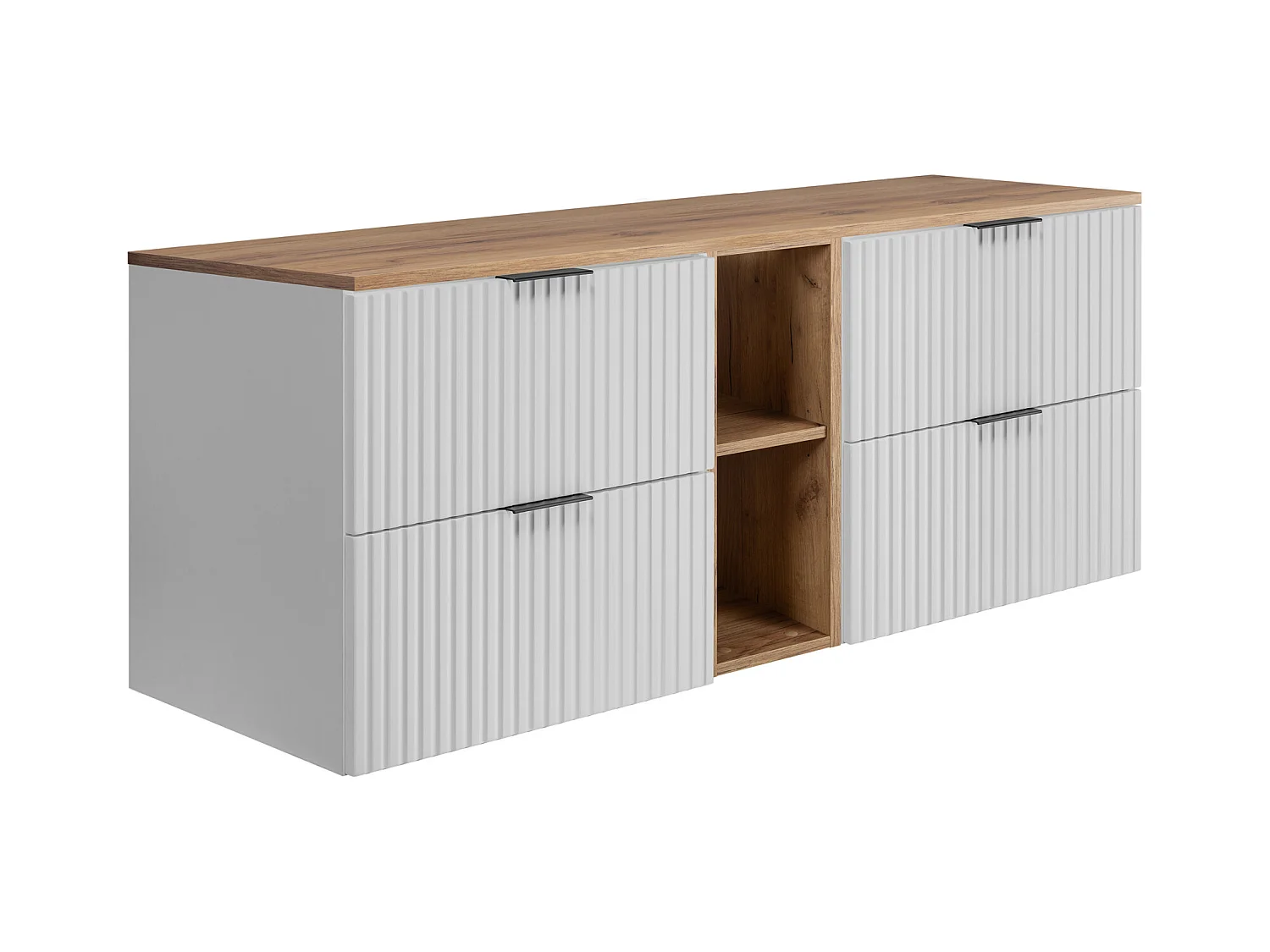 Meuble sous vasque FLOW 140 cm blanc avec étagère et plan de travail chêne craft doré
