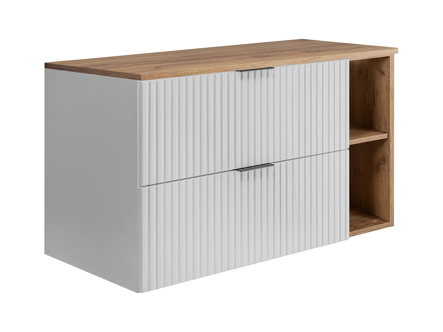 Meuble sous vasque FLOW 100 cm chêne craft doré avec plan noir et étagère, surface cannelée