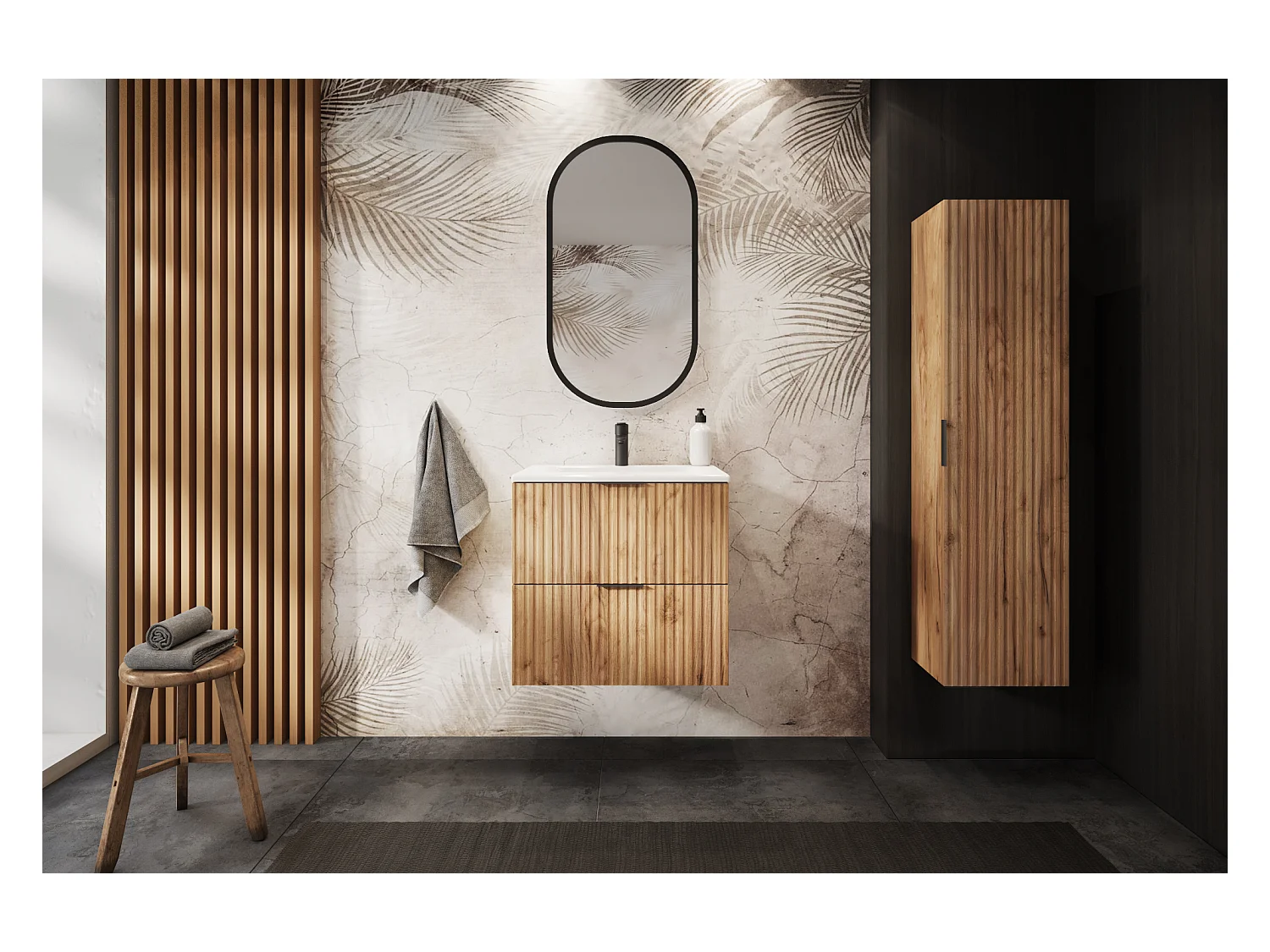 Meuble de salle de bain strié FLOW 60 cm chêne craft doré