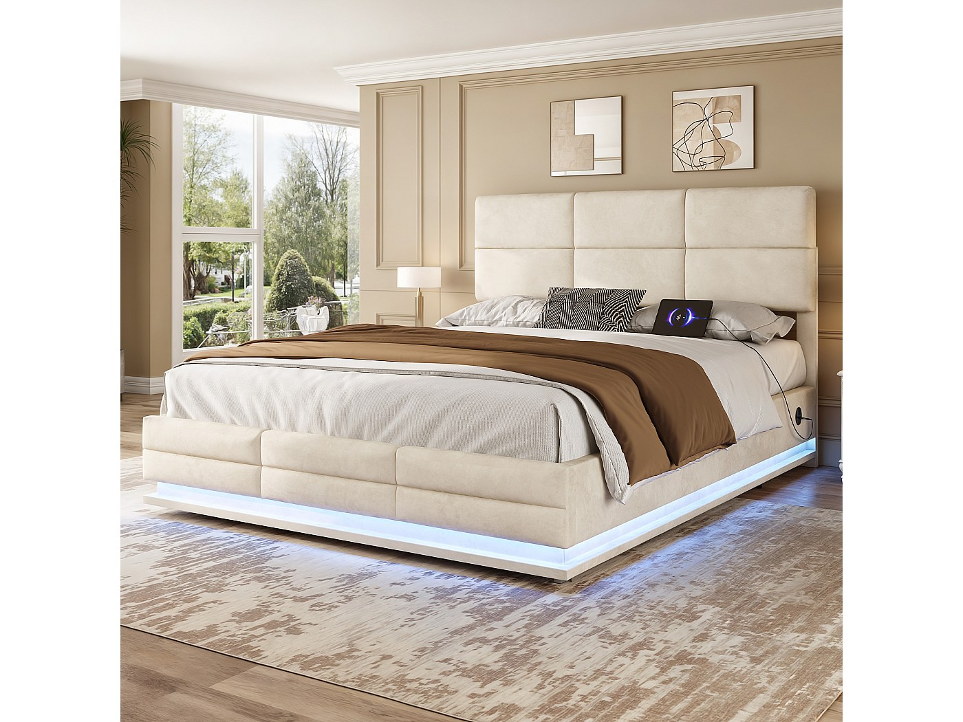 Lit Enfant 90x200 Avec Rangement Hydraulique Et LEDs - Lit Coffre Rembourré Tête De Lit Design - Sans Matelas (Beige)