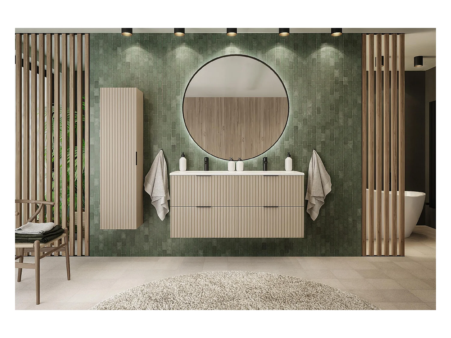 Meuble de salle de bain strié FLOW 160 cm cachemire avec plan