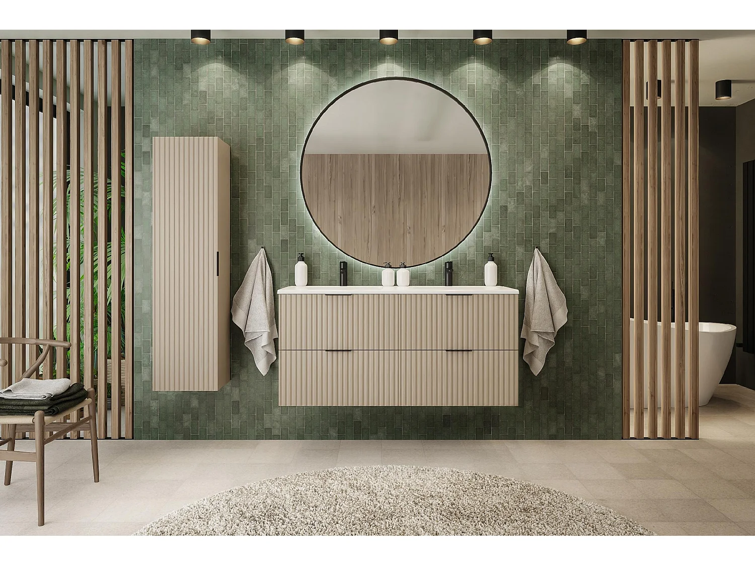 Meuble de salle de bain strié FLOW 160 cm cachemire avec plan