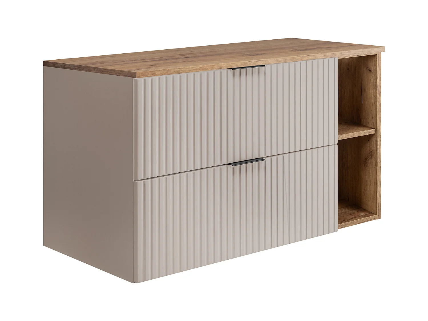 Meuble sous vasque FLOW 100 cm cachemire avec plan de travail et étagère chêne craft doré, surface cannelée