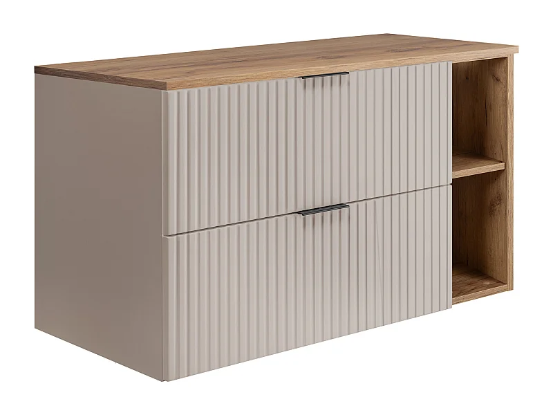 Meuble sous vasque FLOW 100 cm cachemire avec plan de travail et étagère chêne craft doré, surface cannelée