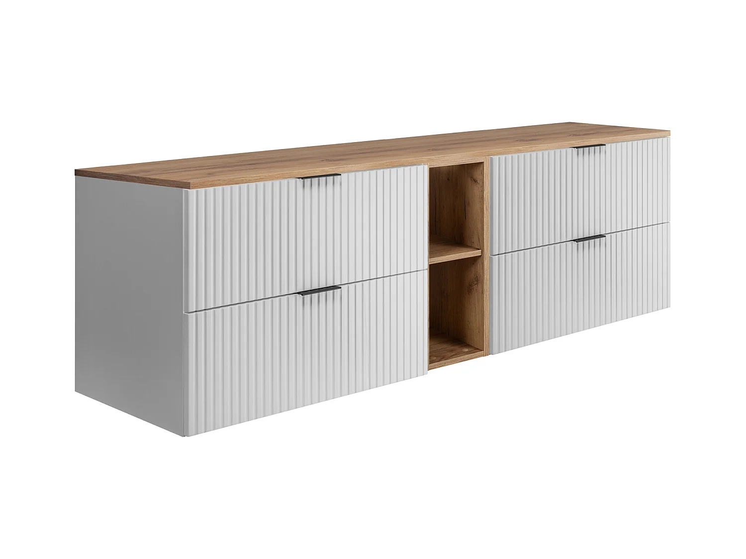 Meuble sous vasque FLOW 180 cm blanc avec étagère et plan de travail chêne craft doré