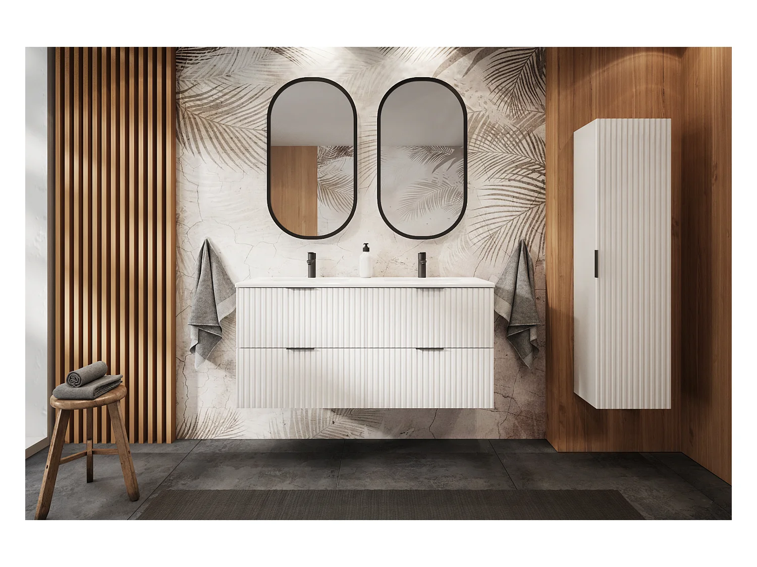 Meuble sous vasque FLOW 180 cm blanc avec étagère et plan de travail chêne craft doré